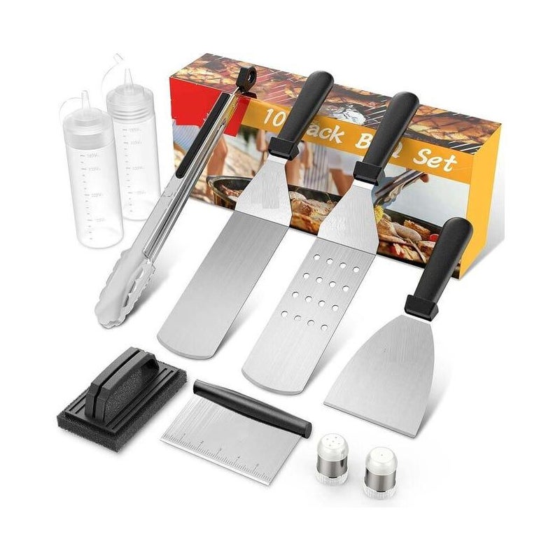 Zestaw 10 przyborów do planchy, szpatułka do grilla ze stali nierdzewnej, akcesoria do planchy, zestaw do planchy do teppanyaki