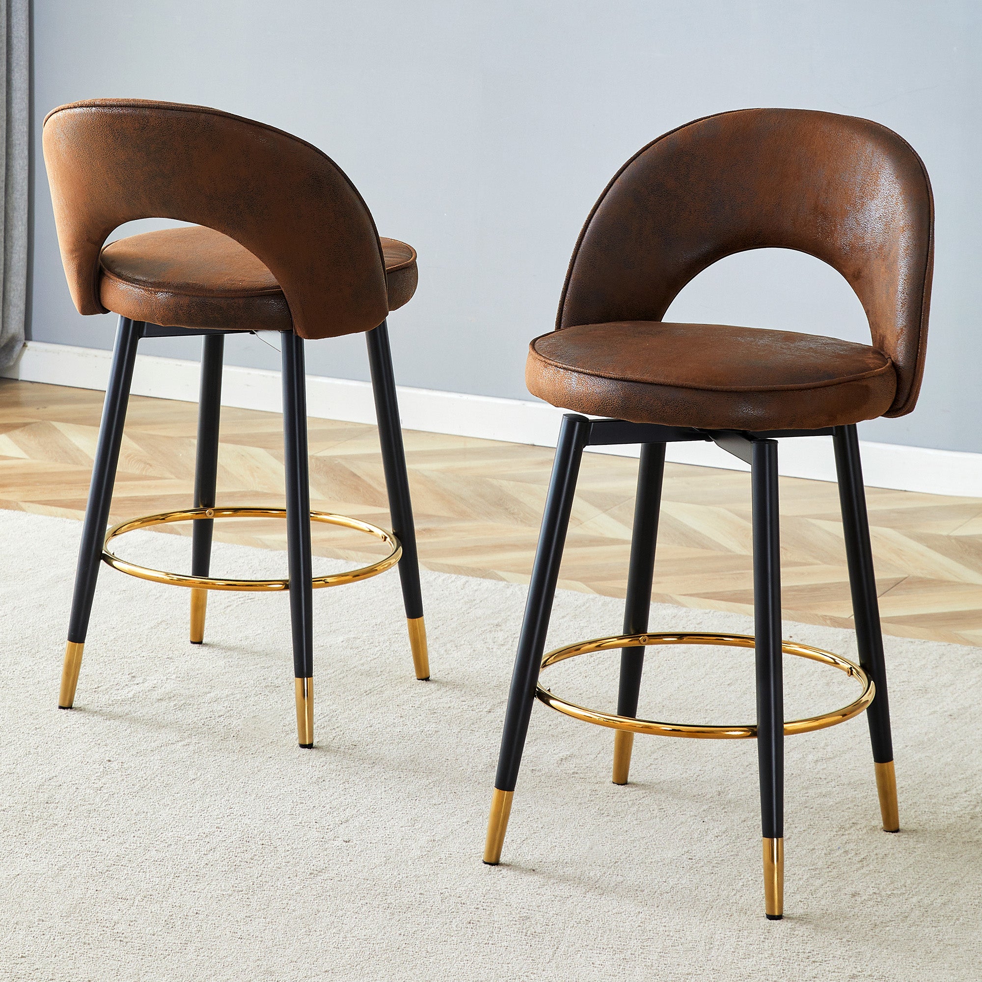 Lot de 2 Tabourets chaise de bar Pivotants à 360° Brun, Chaise salle a manger avec Dossier Ajouré, Chaise de salon Structure Métallique, Tissu en PU - 3