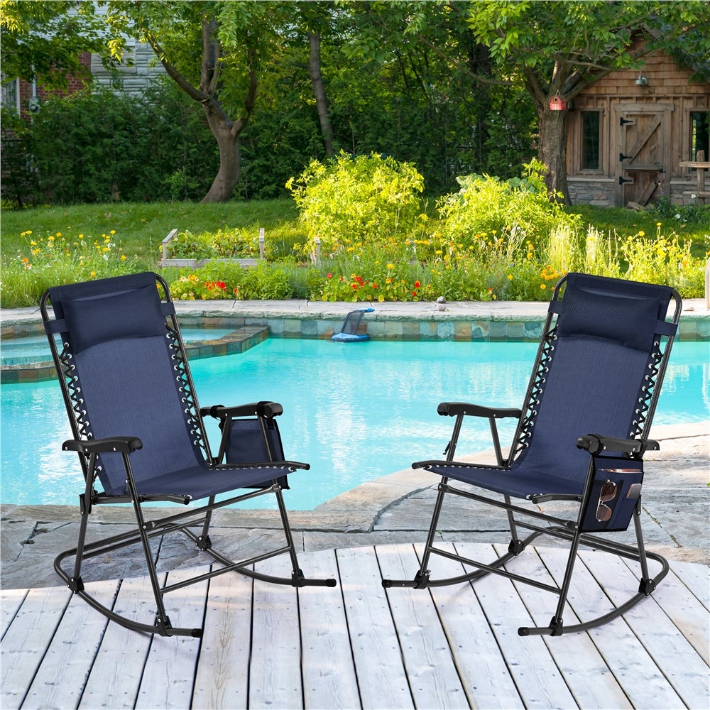 Fauteuil à Bascule Pliant en Toile et Métal avec Têtière Réglable, Poche de Rangement, Bleu Marine Yaheetech - 2
