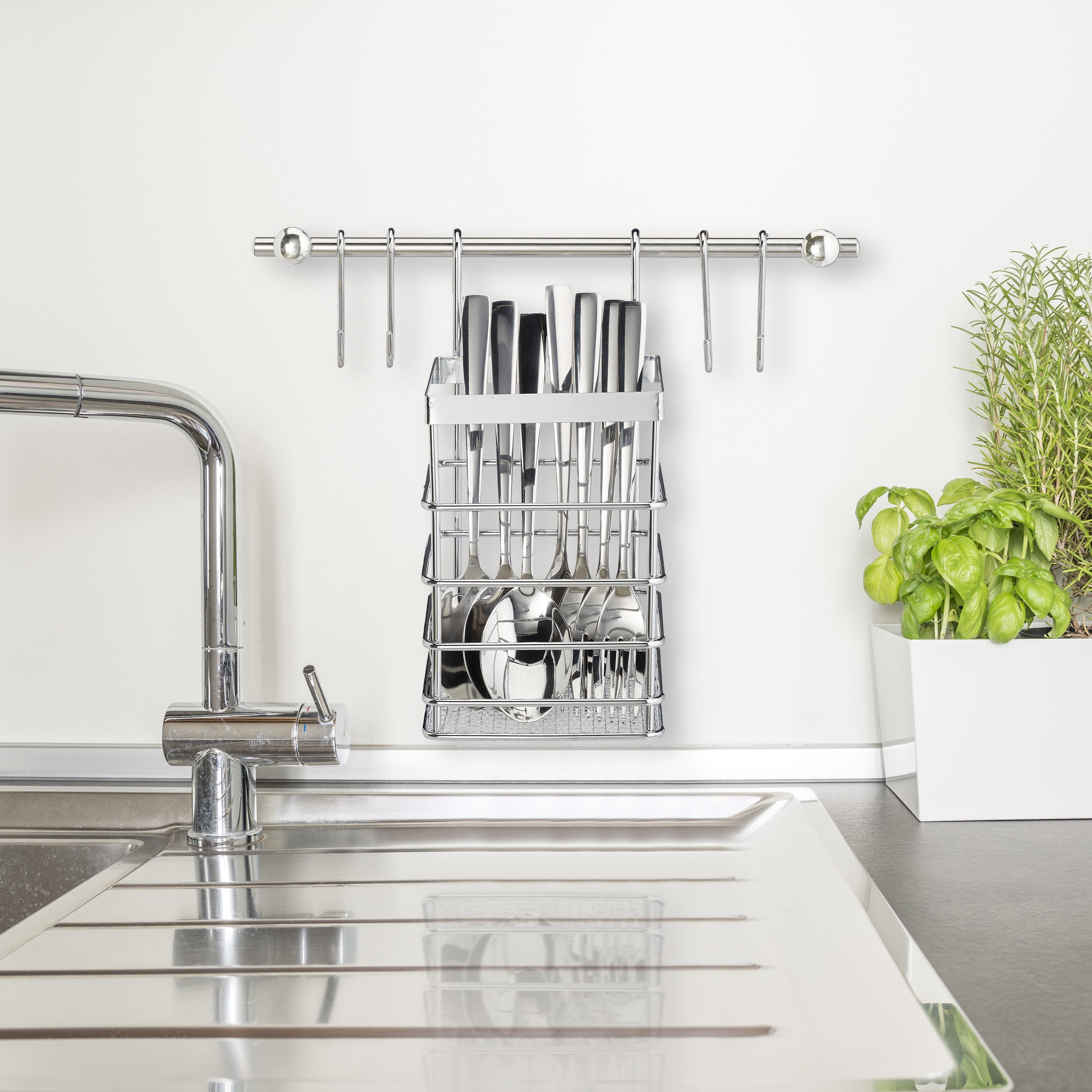 Portautensili In Acciaio Inox 40,8 Cm Con 8 Ganci Scorrevoli – Per Cucina, Bagno, Garage
