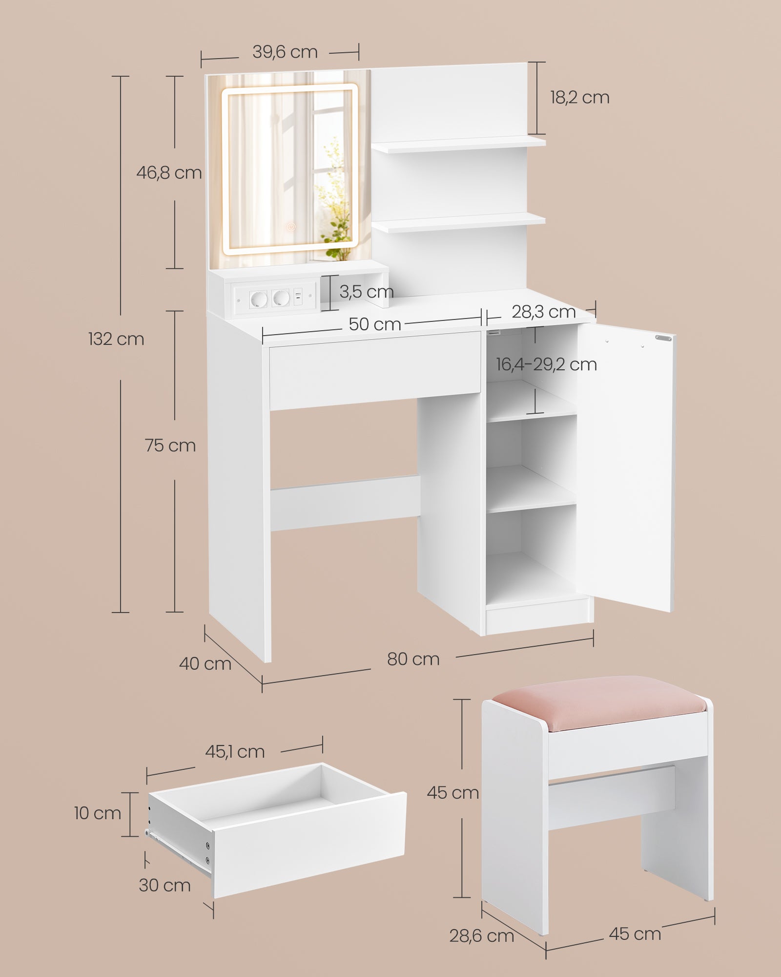KAILYN Collection - Coiffeuse avec Miroir LED et Tabouret, avec Multiprise, Compartiment avec 2 Étagères Réglables, 1 Tiroir, 2 Étagères, Blanc - 5