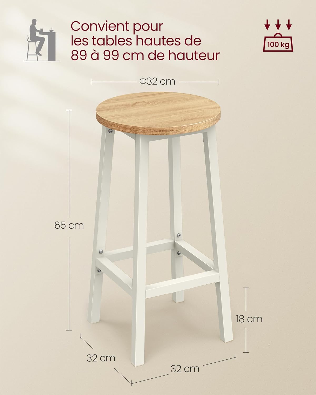 Tabouret de Bar, Lot de 4, Chaise de Cuisine, Siège Haut, pour Cuisine, Salle à Manger, Blanc - 3