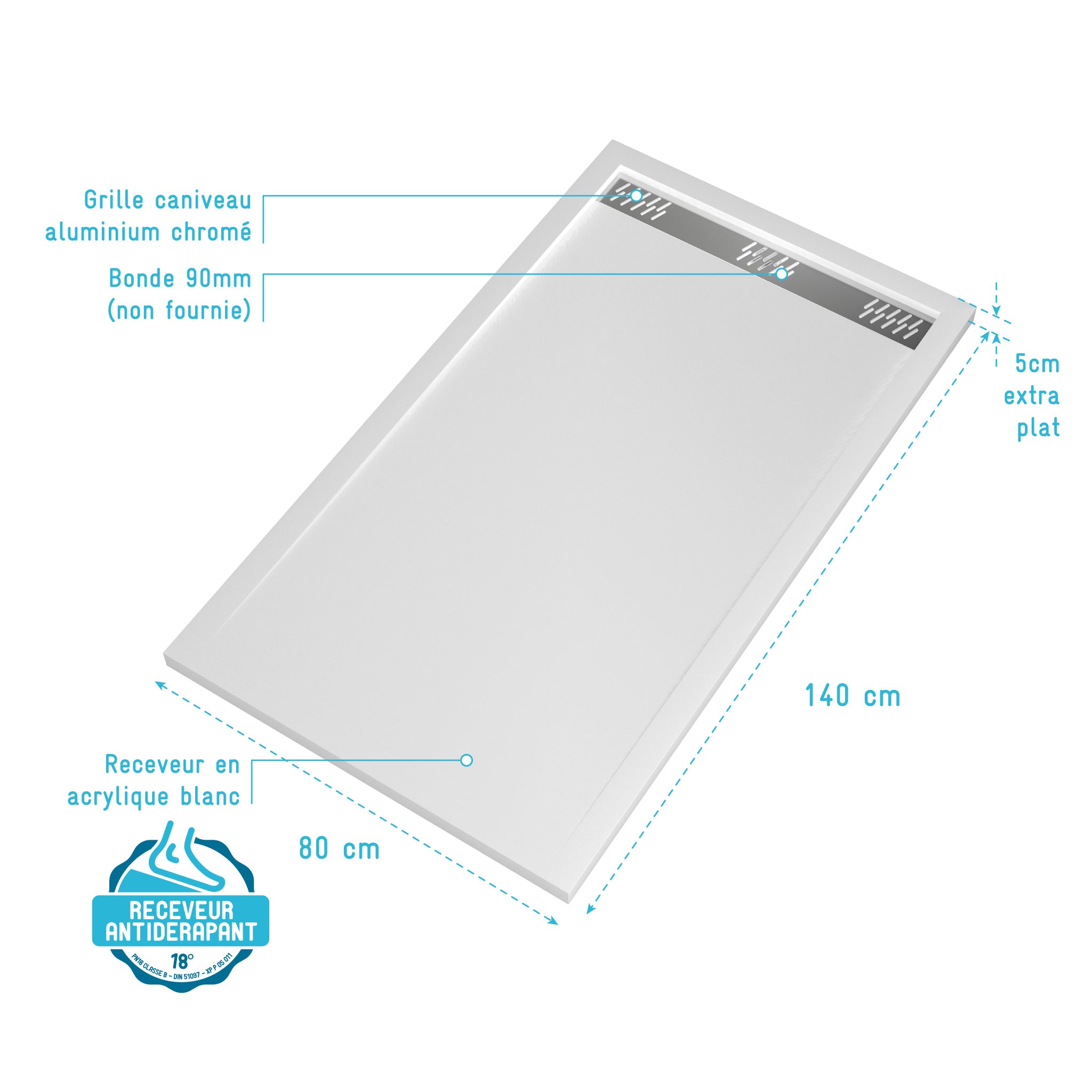 Receveur en acrylique Blanc 80x140x5 cm - Grille Linéaire Chrome - WHITENESS II - 4