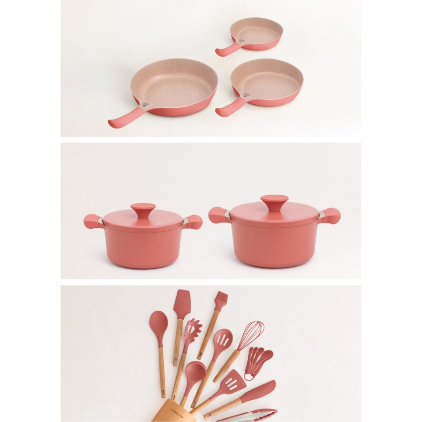 Batterie de cuisine 3 poêles PAN STUDIO, 2 cocottes POT STUDIO et kit d'ustensiles KITCHENWARE