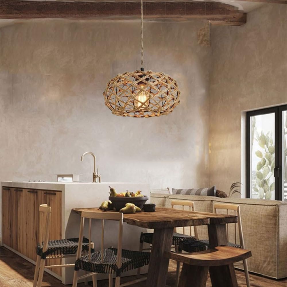 COMELY Suspension Rotin Bohème E27, Luminaire Suspension Rotin Tressé Hauteur Réglable, Lampe Suspension Naturelle pour Salon Chambre Salle à Manger - 2