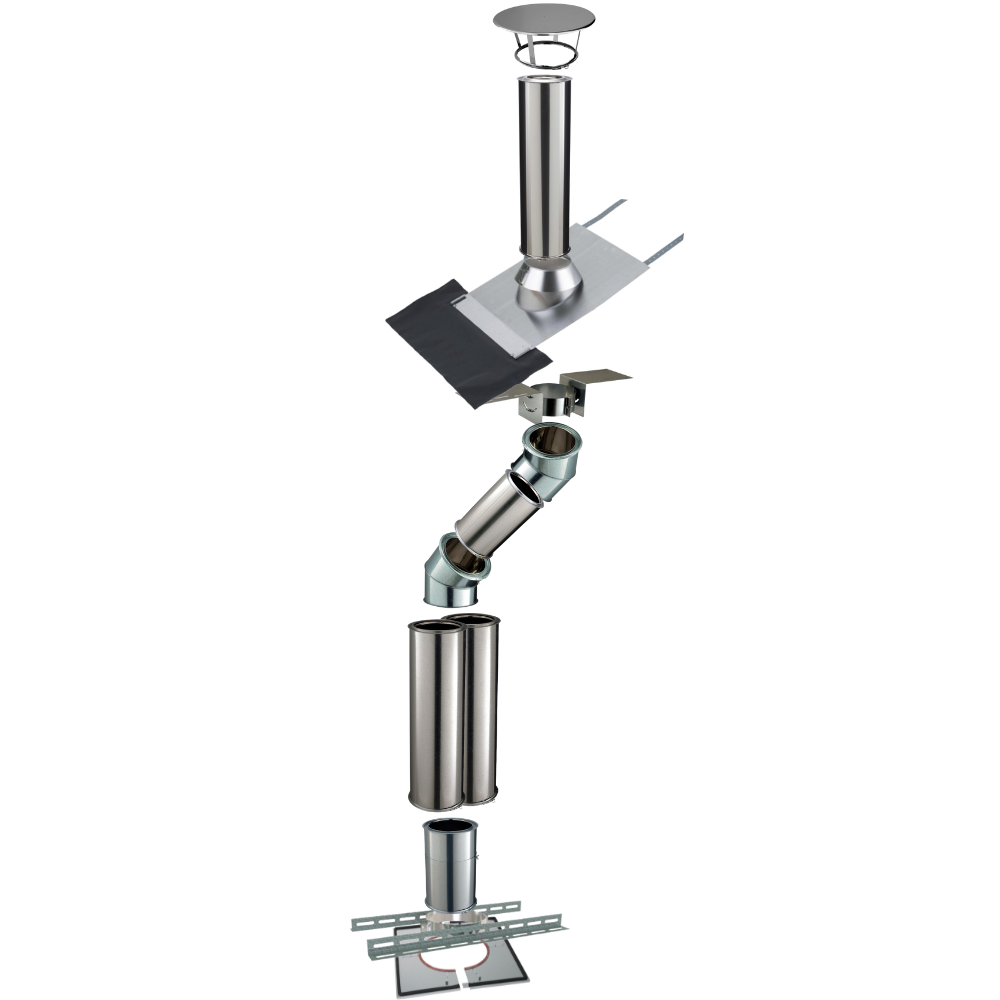 Kit conduit isolé sortie toiture avec dévoiement Inox-Galva et Inox-Inox Ø150 Poujoulat - Déport 53 cm / Longueur 413 cm - 2