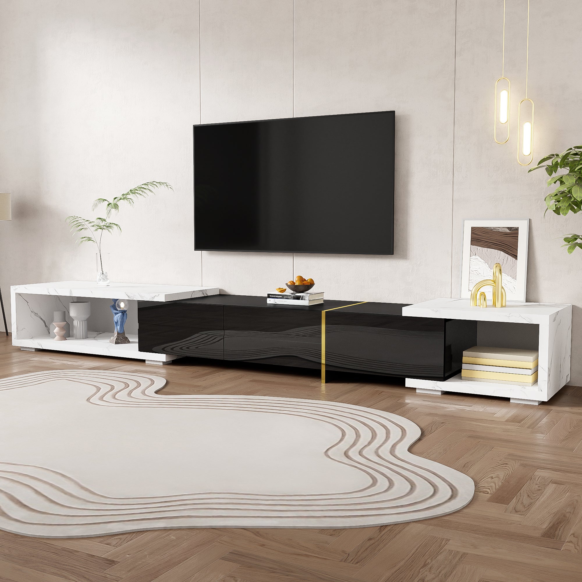 Rozsuwana szafka RTV z 3 drzwiami - 140/260 x 40 x 30 cm - Efekt marmuru - Płyta MDF - Czarny połysk + biały