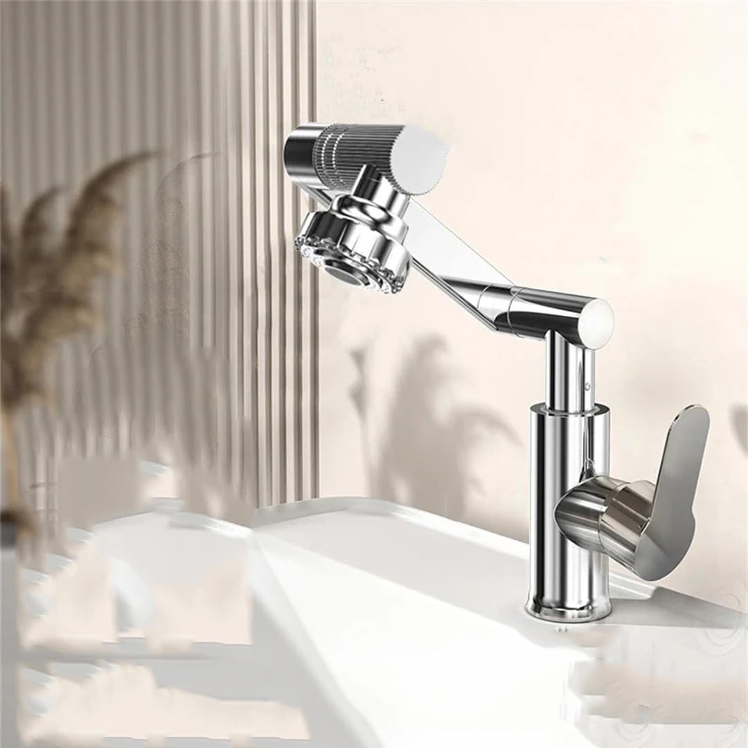 Obrotowy kran umywalkowy - odpowiedni do umywa, zlewów i kamperów, montaż bez instalacji wodno-kanalizacyjnej - jednoczęściowy, srebrny