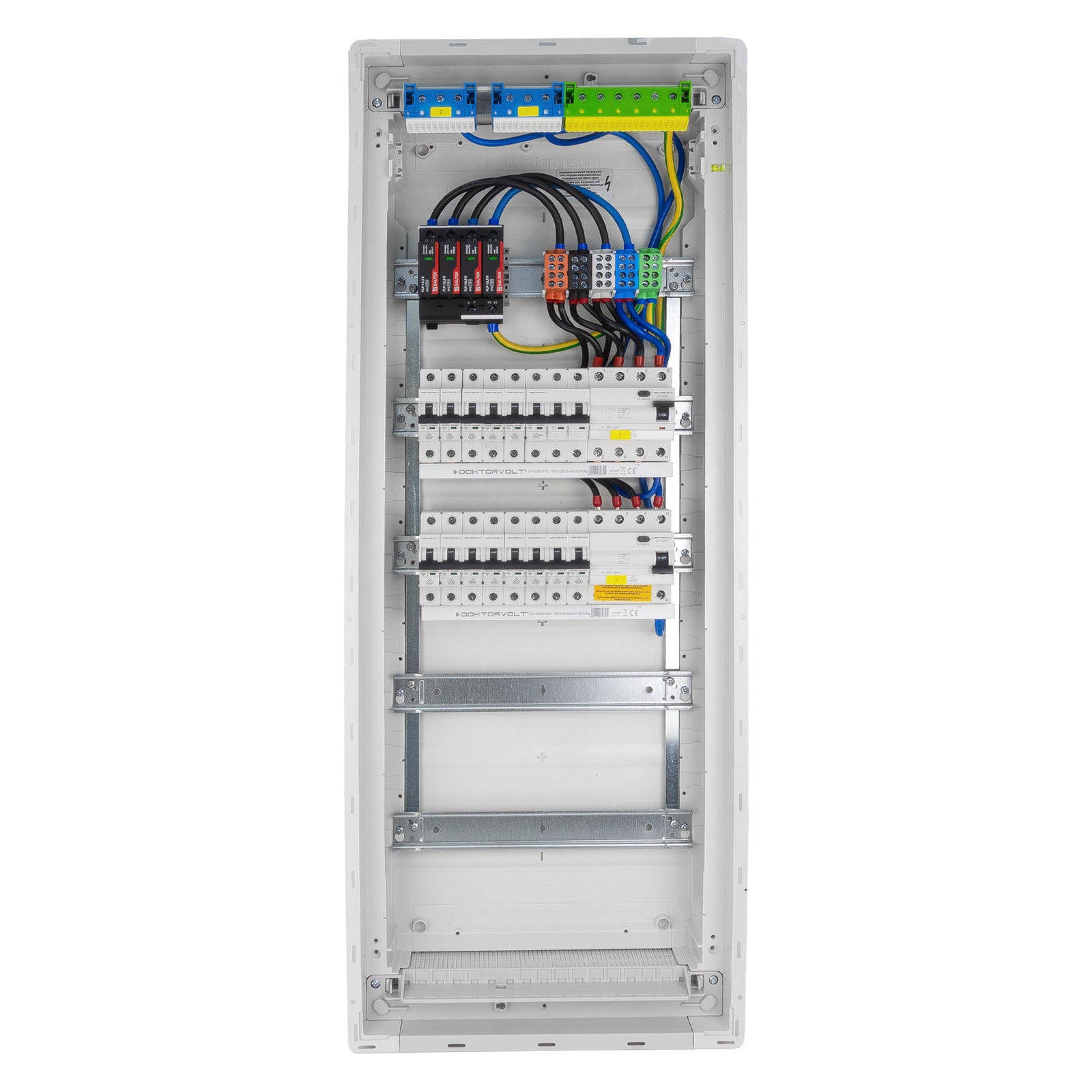 Rozdzielnica modułowa podtynkowa 5x12 zabezpieczona 14xMCB 2xRCCB VDE 880,50x348x94,5mm zaciski rozgałęźne L1, L2, L3, N, PE Doktorvolt DV-6289-PT