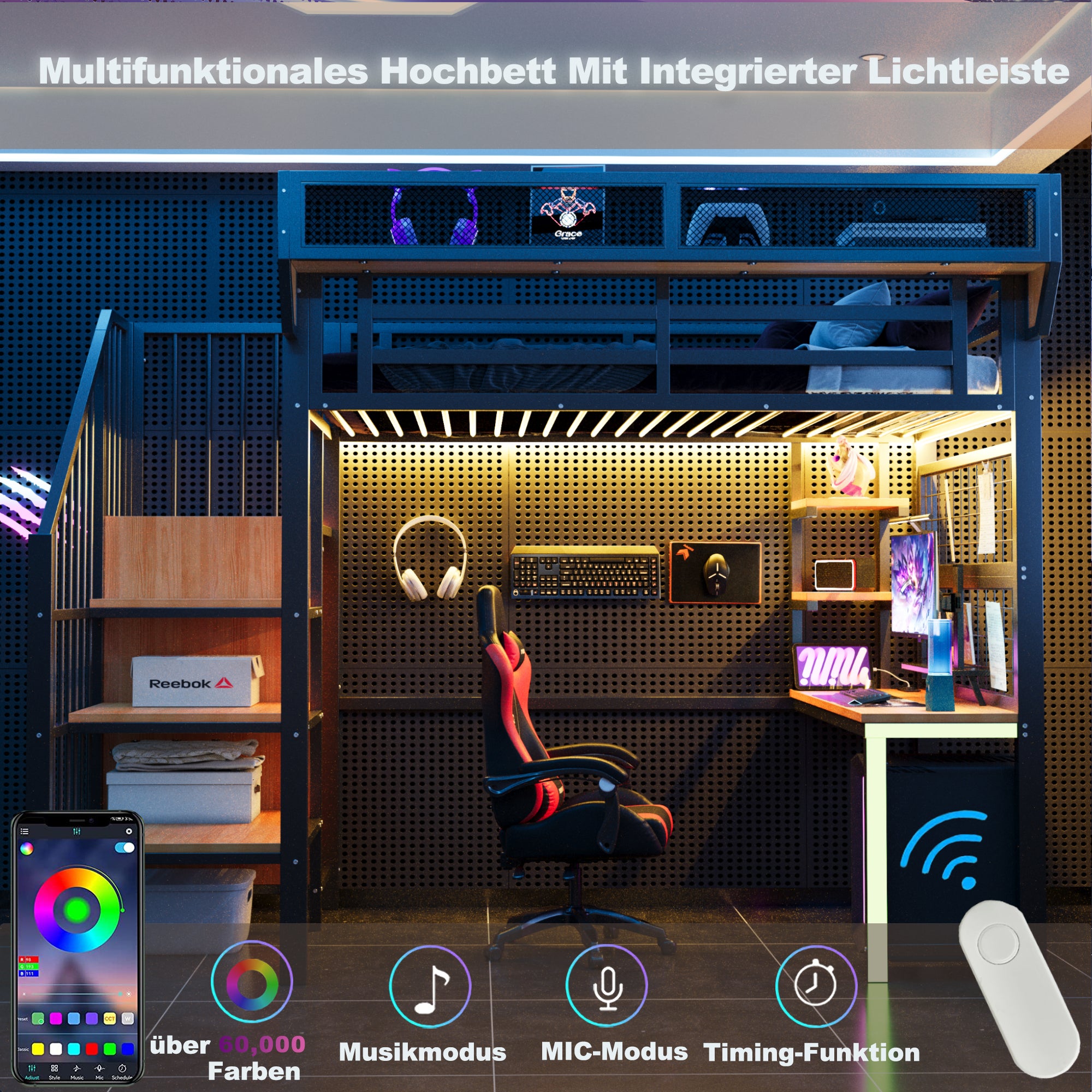 Lit Mezzanine en Métal 90x200 cm avec Bureau, Armoire et Échelle de Rangement, Lit superposé avec LED et Prises, Lit enfant Noir, Sans matelas - 5