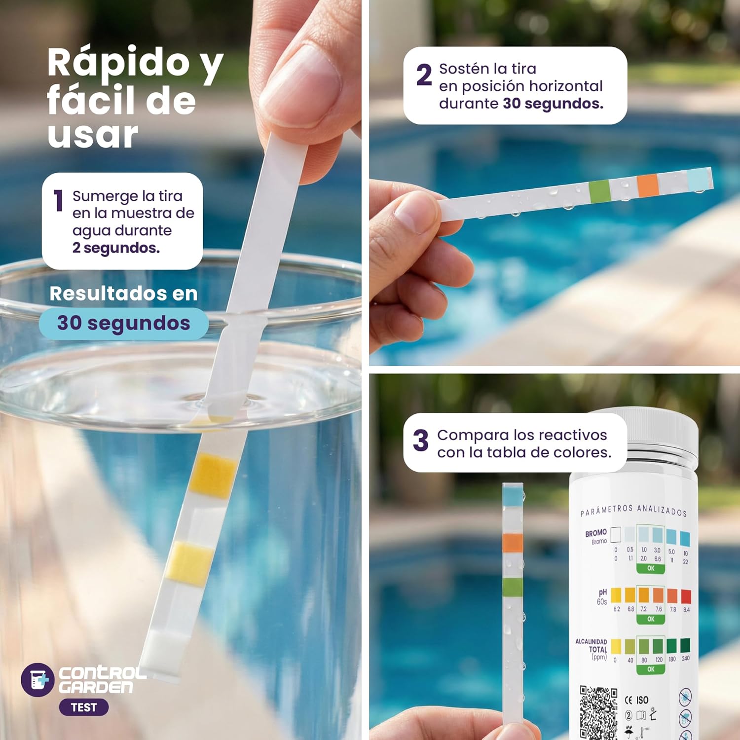 Test Piscine 3 en 1 Bandelettes Réactives pH CONTROL GARDEN | Analyse Eau Piscine et Spa - 5