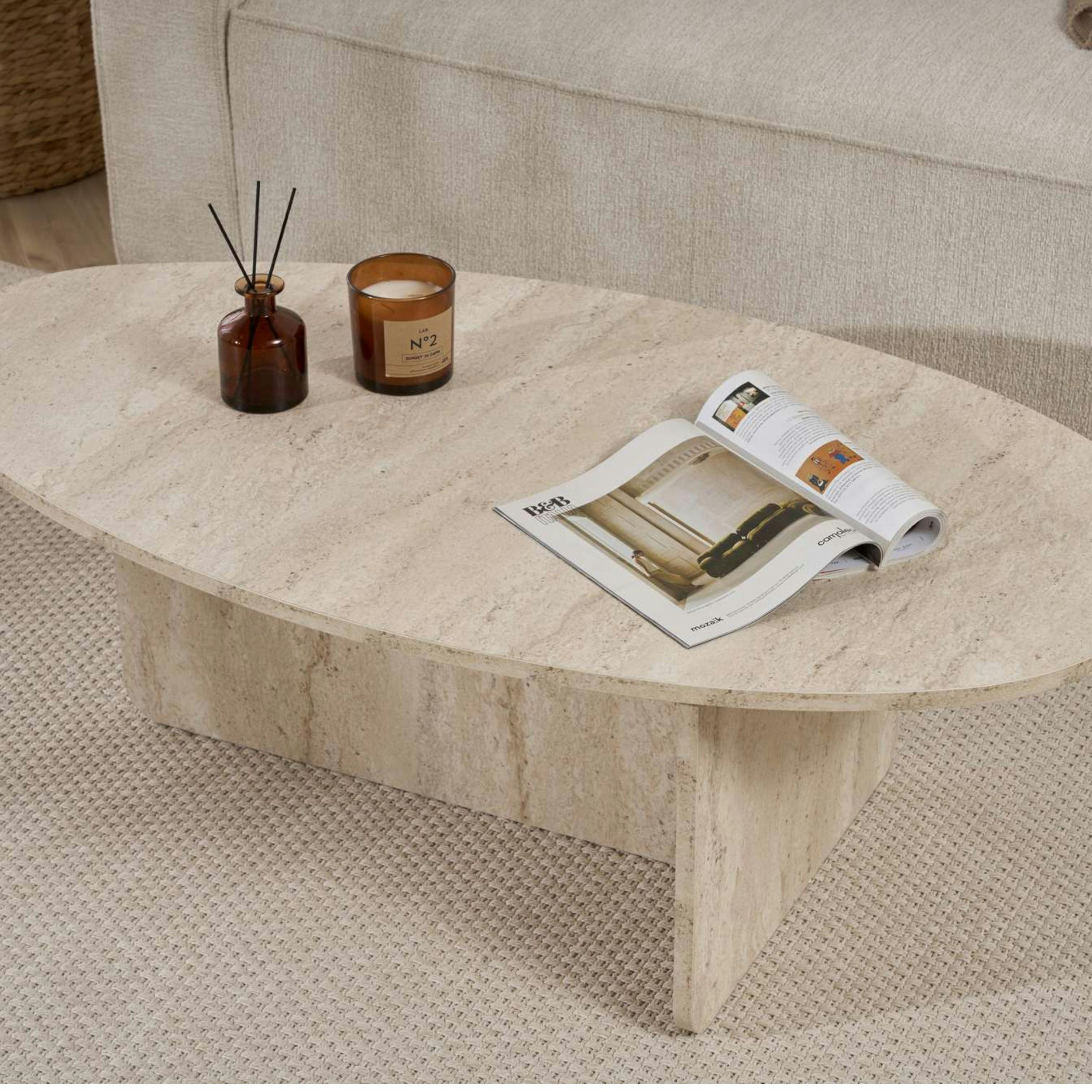 Table basse moderne ovale effet travertin – pied en T MARFA - 3