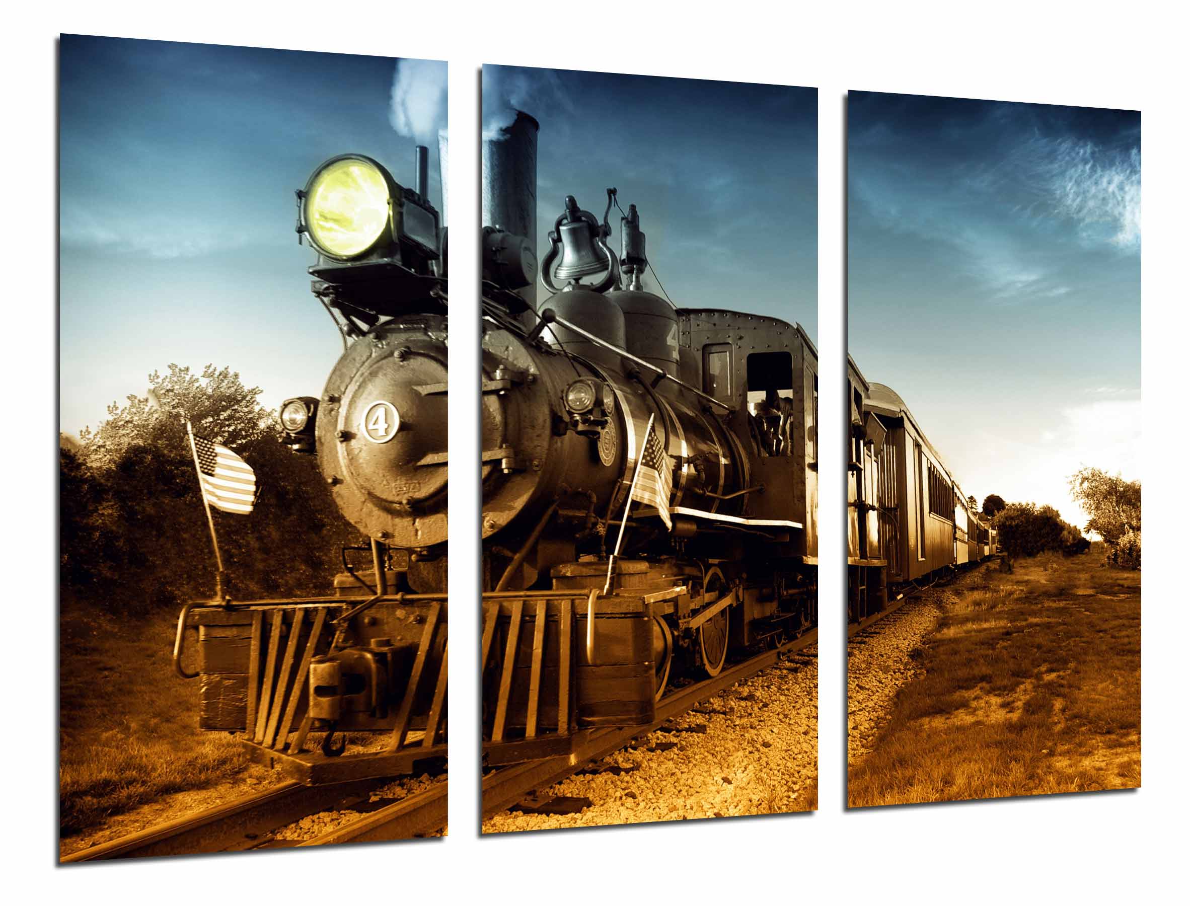 Locomotora vintage, tren antiguo, vias, impresión fotográfica sobre madera, cuadro moderno decorativo