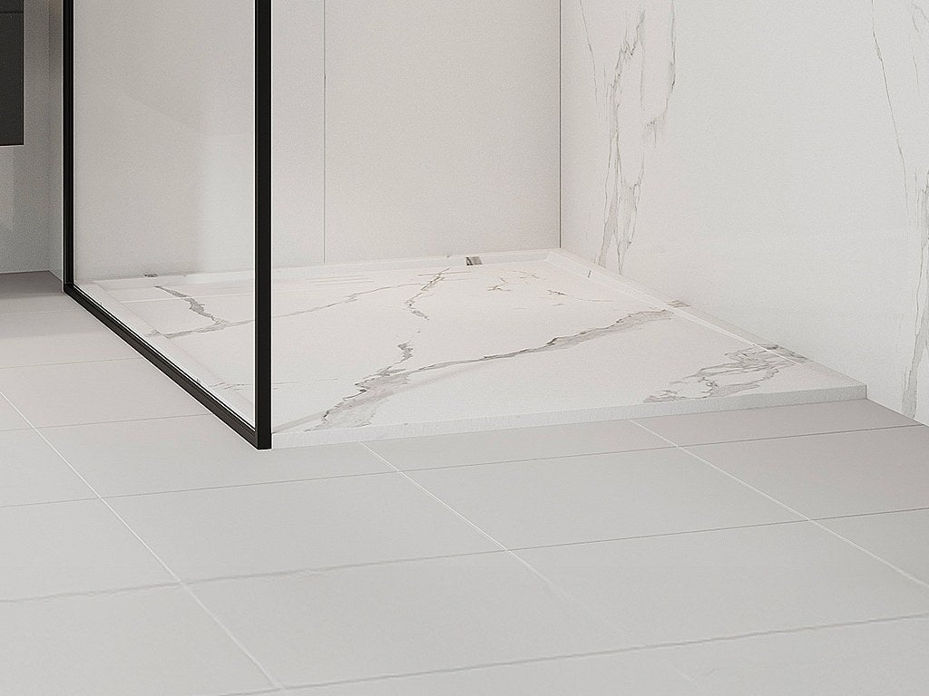 Brodzik płaski posadzkowy lub wpuszczany w posadzkę do przycięcia z żywicy SMC z syfonem - Biały z efektem marmuru - 120 x 90 cm - LYROSA