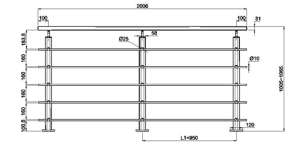 Garde-corps - Intérieur et extérieur - Aluminium argenté - Avec 5 traverses et 1 main courante - 200cm - Rampe d'escalier pose à plat - 5