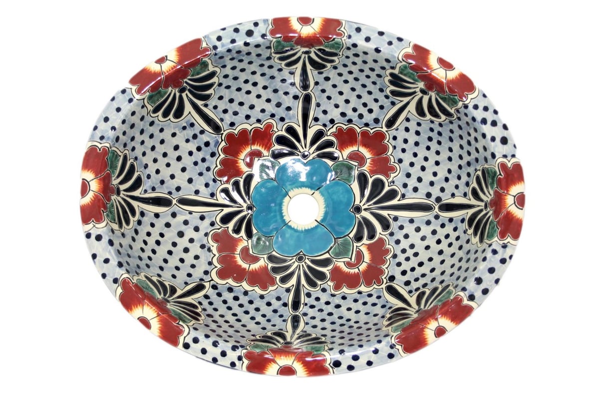 Meksykańska umywalka ceramiczna wpuszczana w blat Floresa – duża owalna umywalka łazienkowa 53 x 43,5 x 15 cm | Umywalka dekoracyjna