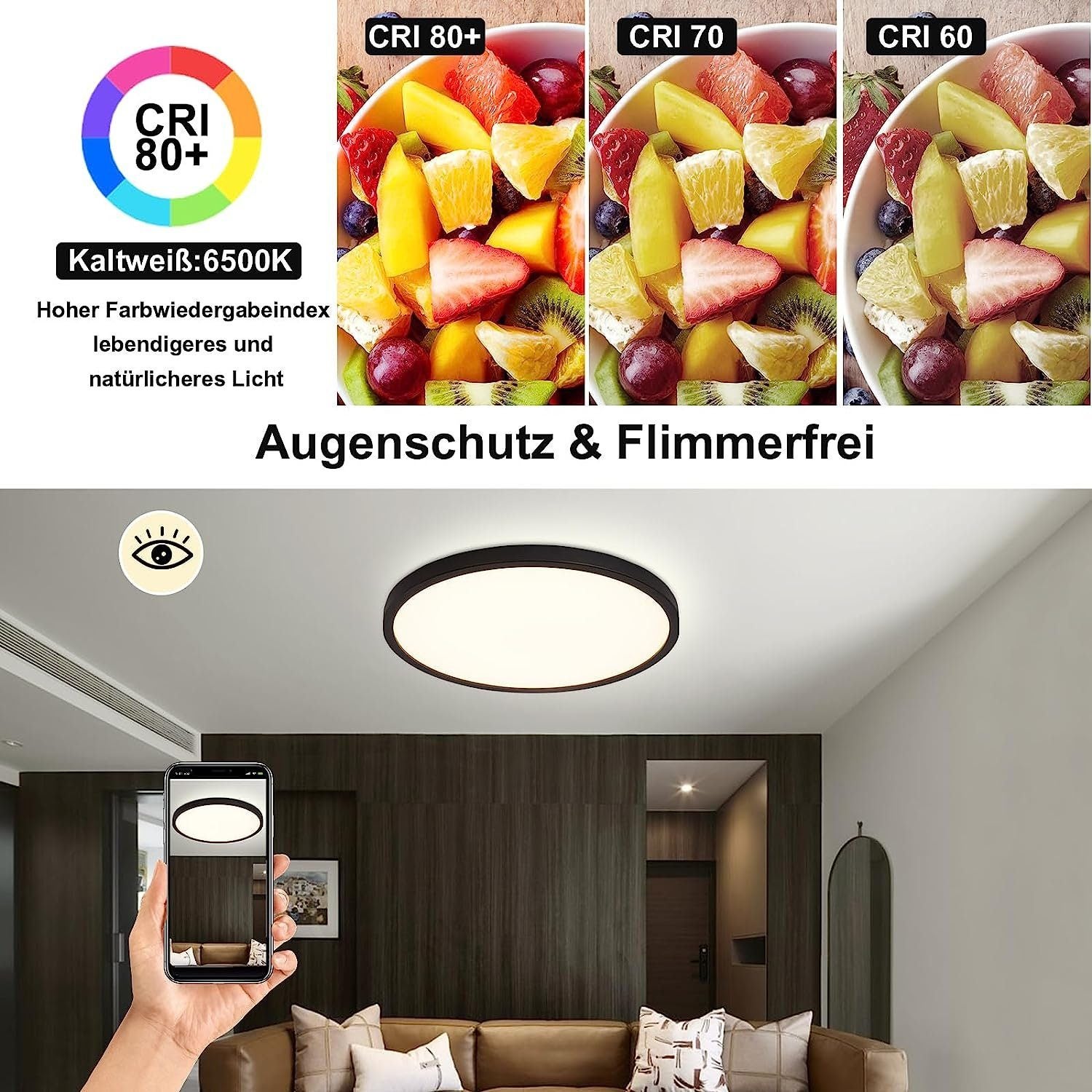 NETTLIFE Lámpara de Techo LED Regulable 30cm Lámpara de Baño 20W Baño Redondo Negro Plano con Control Remoto IP44 Impermeable para Dormitorio Baño - 5