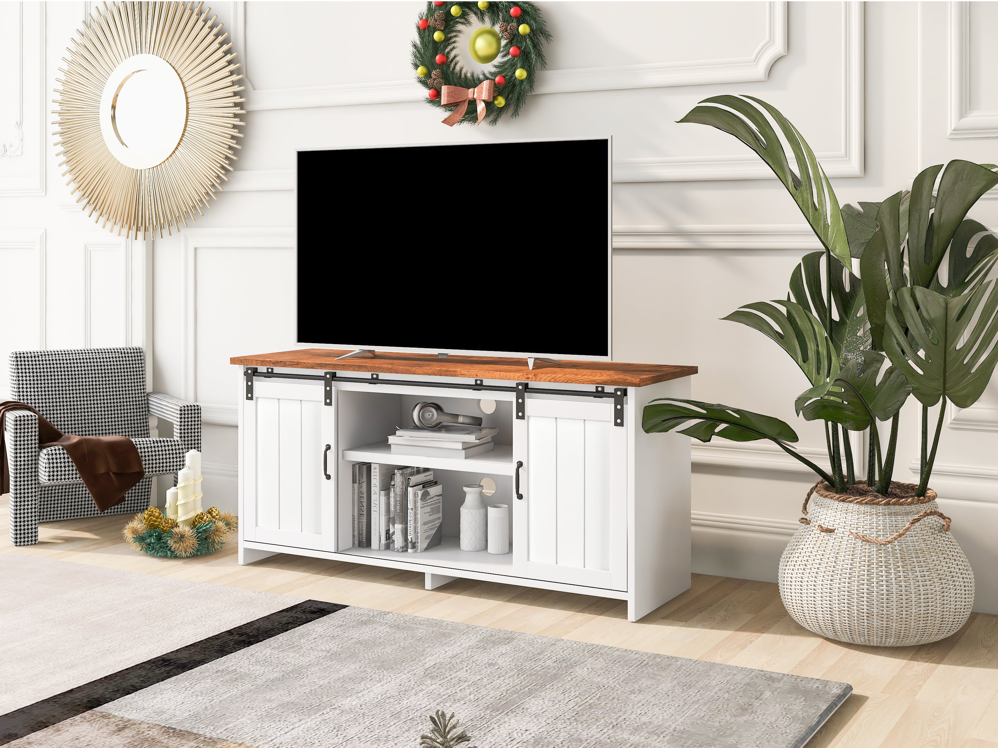 Meuble TV, buffet, meuble de cuisine, meuble de rangement, meuble d'appoint, avec 2 portes coulissantes, étagère réglable, étagères ouvertes, salon, s - 3