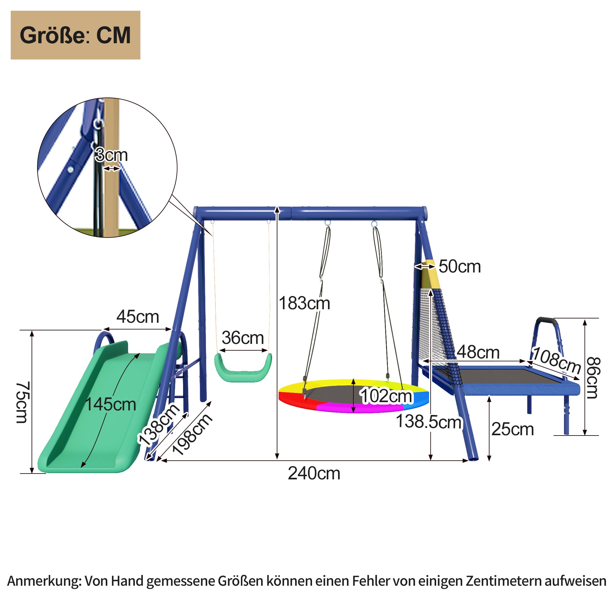 Aire de jeux portique en acier avec oboggan, trampoline, nid d'oiseau - 335 x 198 x 183 cm - Bleu antique - 6