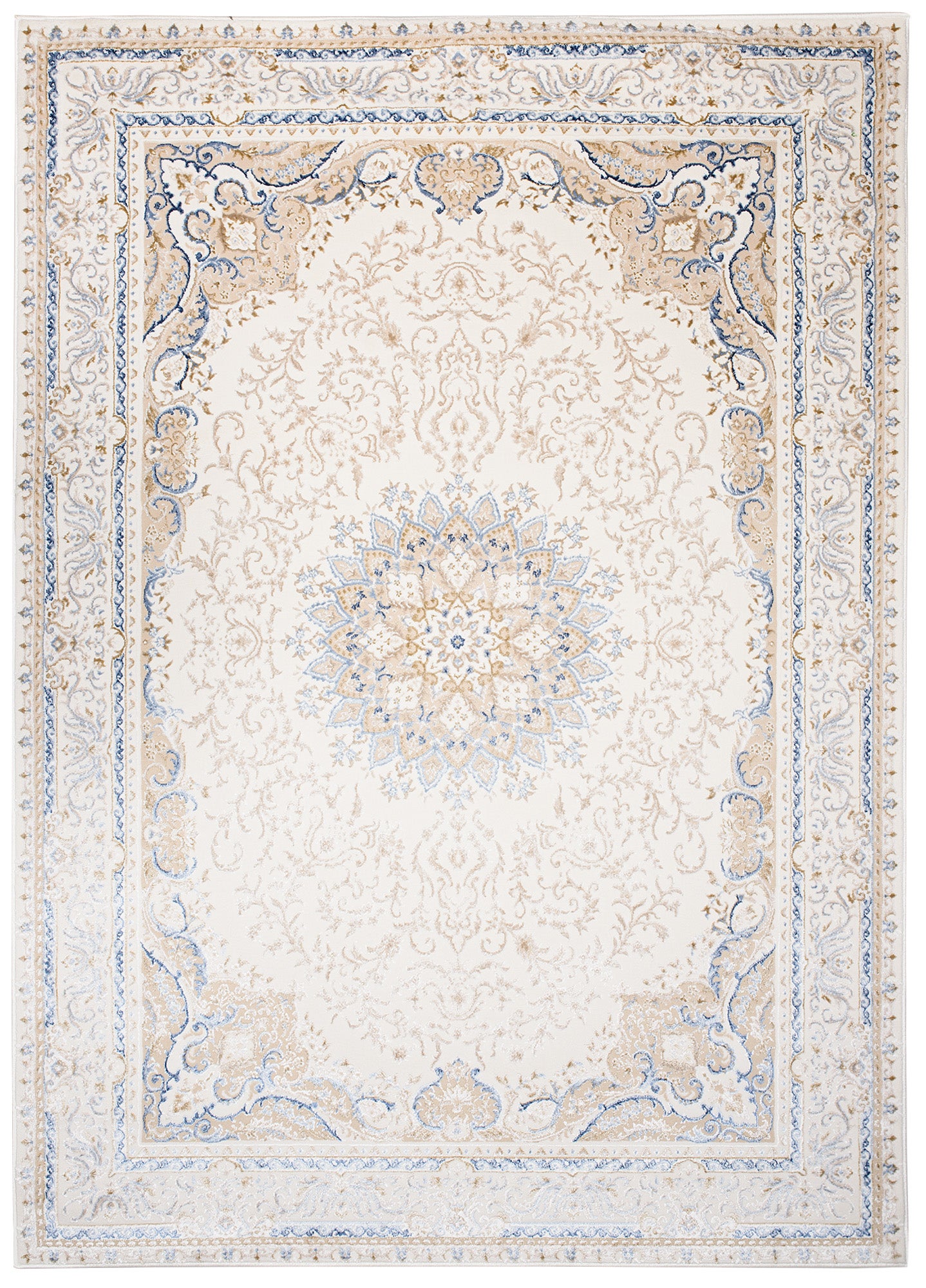 TAPISO Hera Tapis Salon Chambre Brillant Crème Beige Bleu Vintage Médaillon Floral Ornamental Bordé Moucheté Effet 3D OEKO-TEX 120 x 170 cm - 2