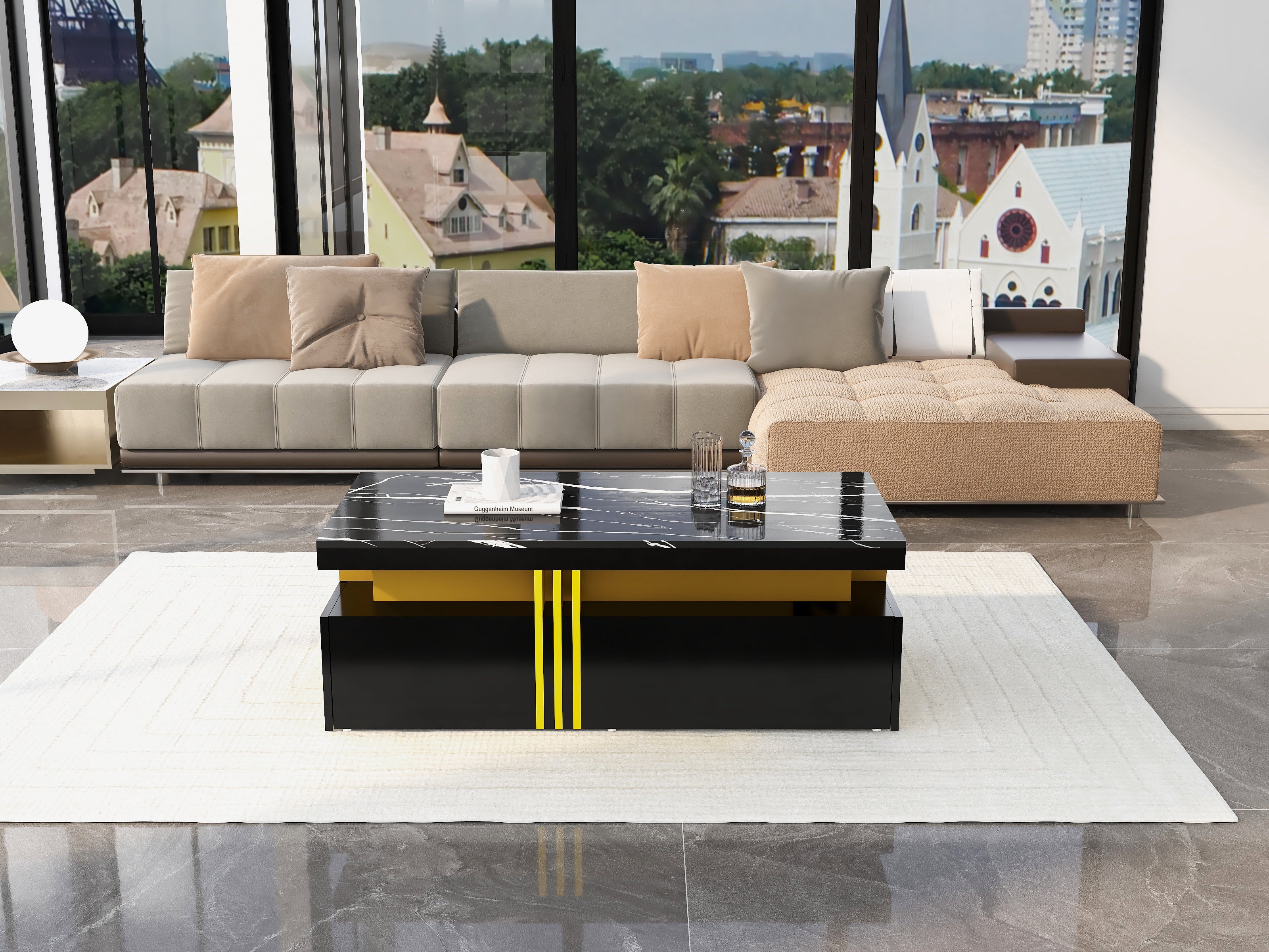 Table basse rectangulaire avec 2 tiroirs - 100x50x40 cm - panneaux de particules - plateau marbré, pour salon - noir - 2