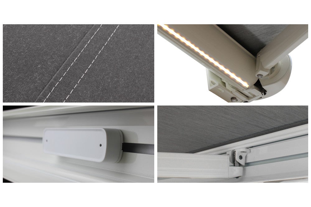 Store banne Coffre intégral PROTECT 2 LED SMART Blanc 5x3,5m Motorisé à télécommande + Capteur Vent + Eclairage LED - Toile Grise Anthracite - 5