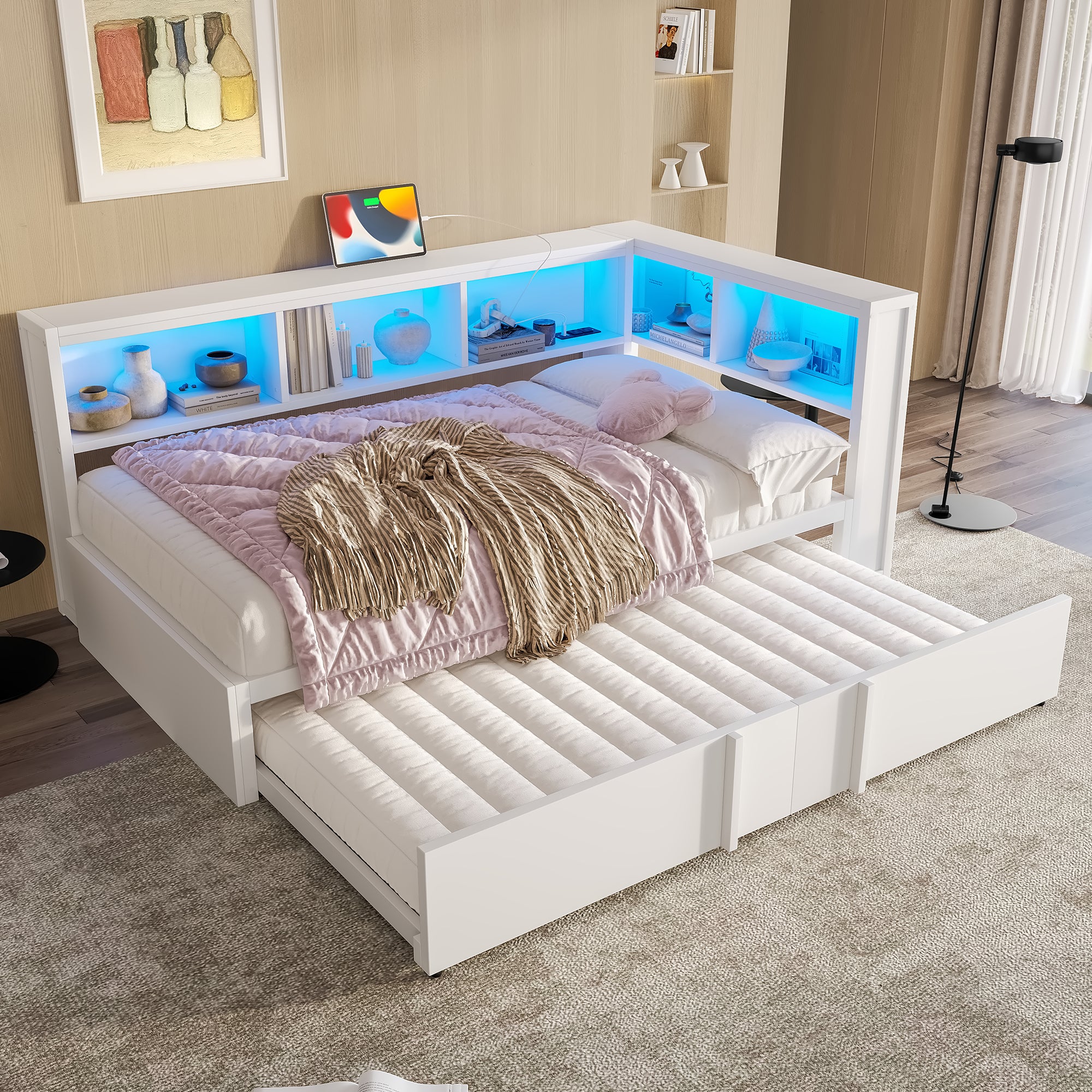 Rozkładana sofa 90x200cm - Z wysuwanym łóżkiem - z schowkiem - z LED i portem USB - Biały (bez materaca) - 2