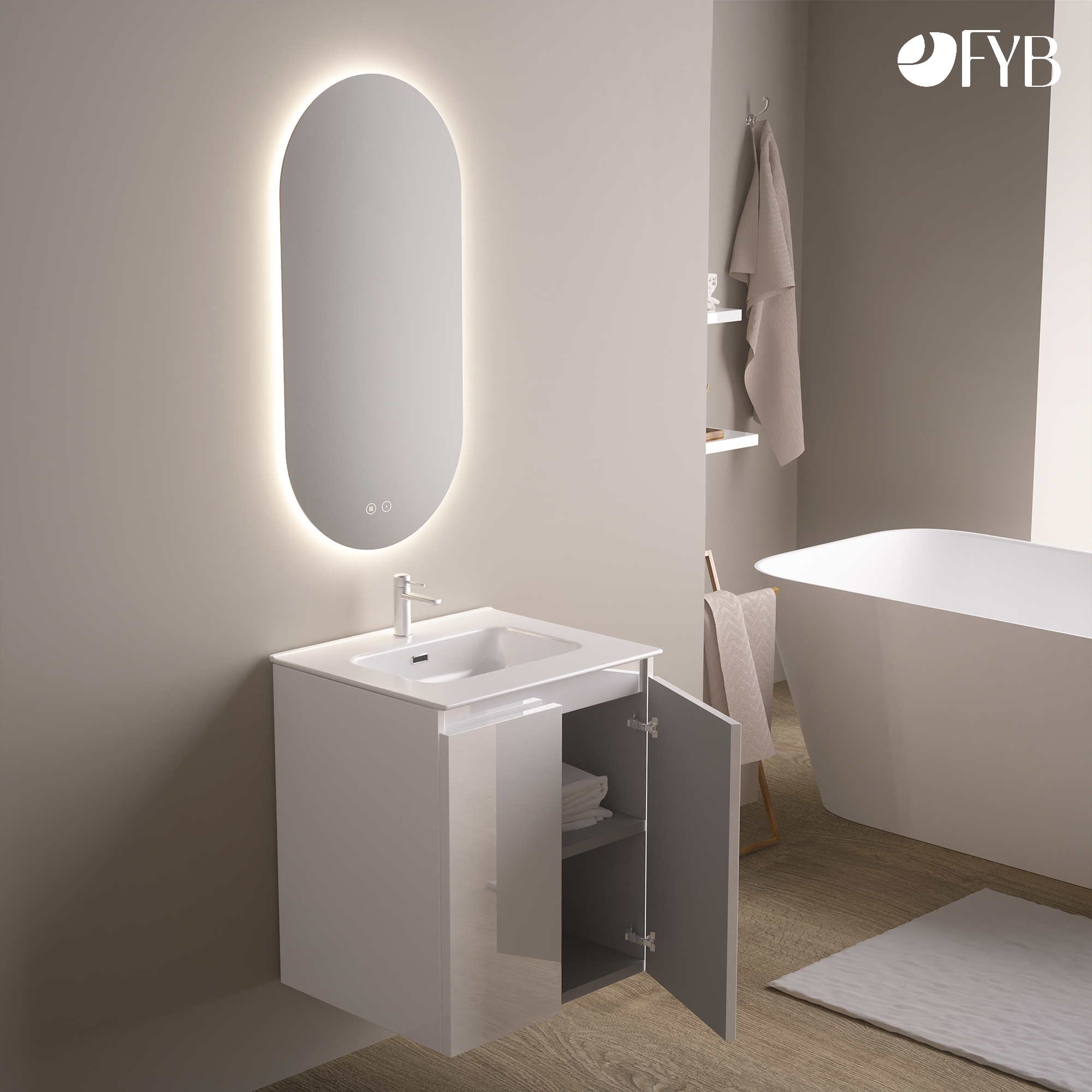 Feel Your Bath, Meuble De Salle De Bain WOLF Blanc 60 cm, 2 Portes, Vasque Céramique Intégrée Et Miroir Ovale LED Antibuée - 2