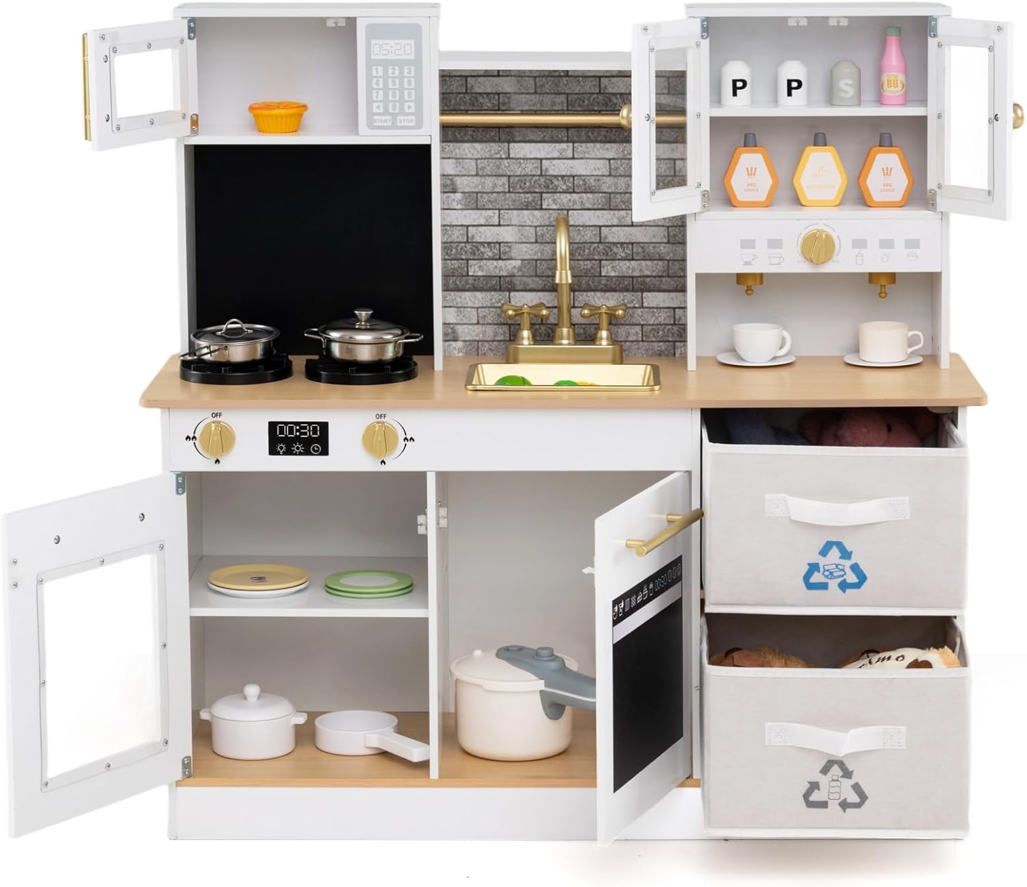 Kuchnia dla Dzieci z Dźwiękami, Gra Symulacyjna z Zlewem, Kranem, Kuchenką Mikrofalową, Ekspresem do Kawy, Kuchenką (Naturalna)