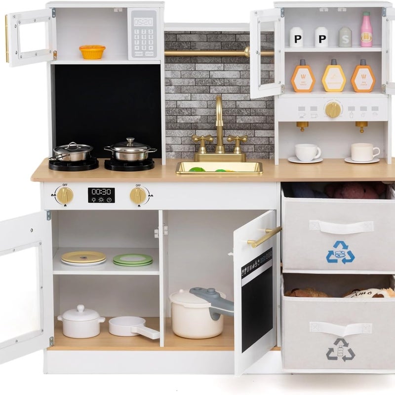 Kuchnia dla Dzieci z Dźwiękami, Gra Symulacyjna z Zlewem, Kranem, Kuchenką Mikrofalową, Ekspresem do Kawy, Kuchenką (Naturalna)