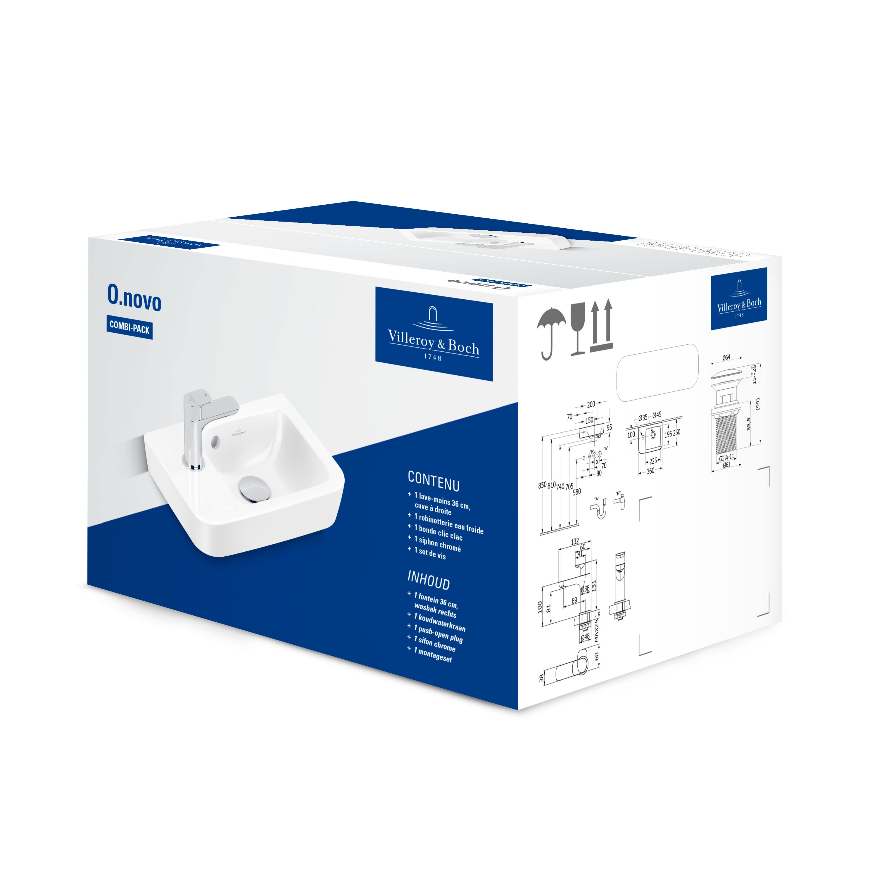 Villeroy & Boch O.novo, pack lave-mains avec robinetterie, bonde clic-clac, siphon chromé et kit de fixation - 4