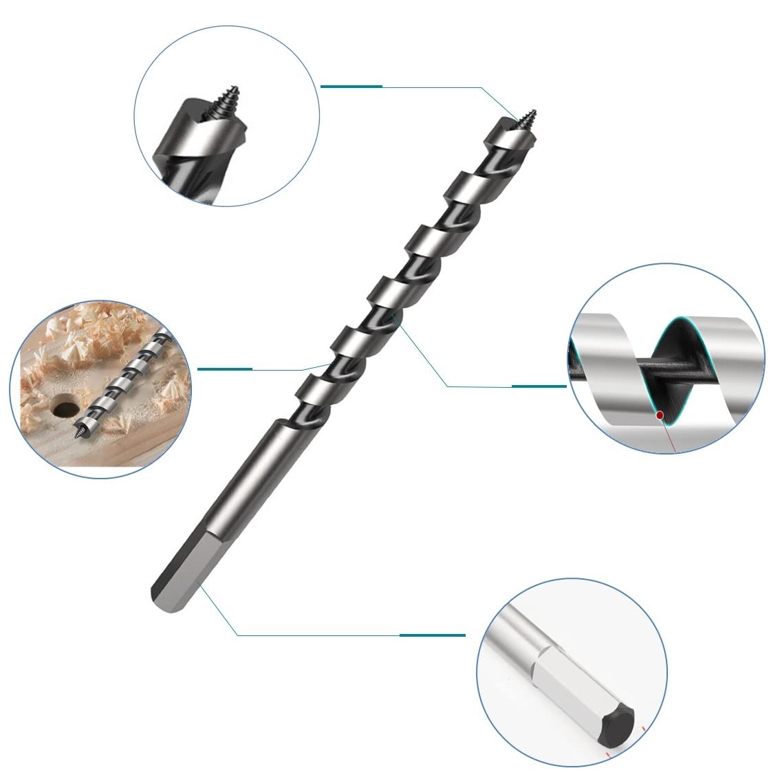 Lot de 6 Mèche à Bois Hélicoïdale Longue 230mm, Jeu de Foret à Bois 230mm de Long - Avec Tige Hexagonale - Diamètre 6mm, 8mm, 10mm, 12mm, 14mm, 16mm - 2