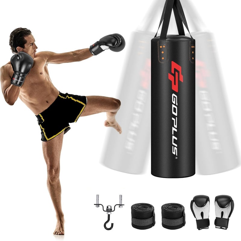 Wiszący Worek Treningowy, Worek Bokserski 4 w 1 z Rękawicami Bokserskimi, Bandażami na Ręce, Hakiem Sufitowym, Ciężkim Workiem do MMA