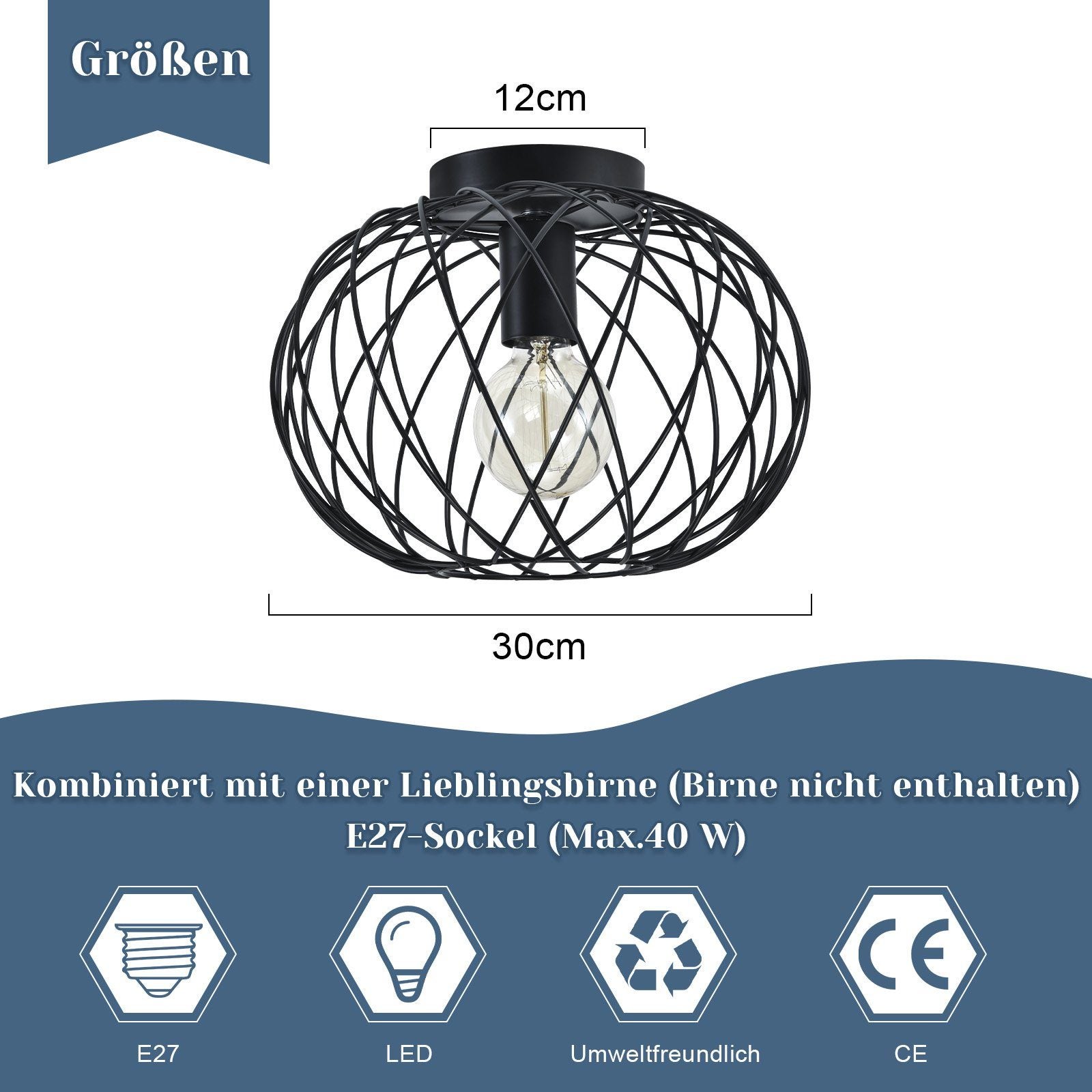 NETTLIFE Plafonnier E27 Rond Noir 30CM Max. 40W Lampe de Couloir en Métal Rétro Vintage Abat-Jour Industriel pour Allée Salon Chambre Cuisine - 5