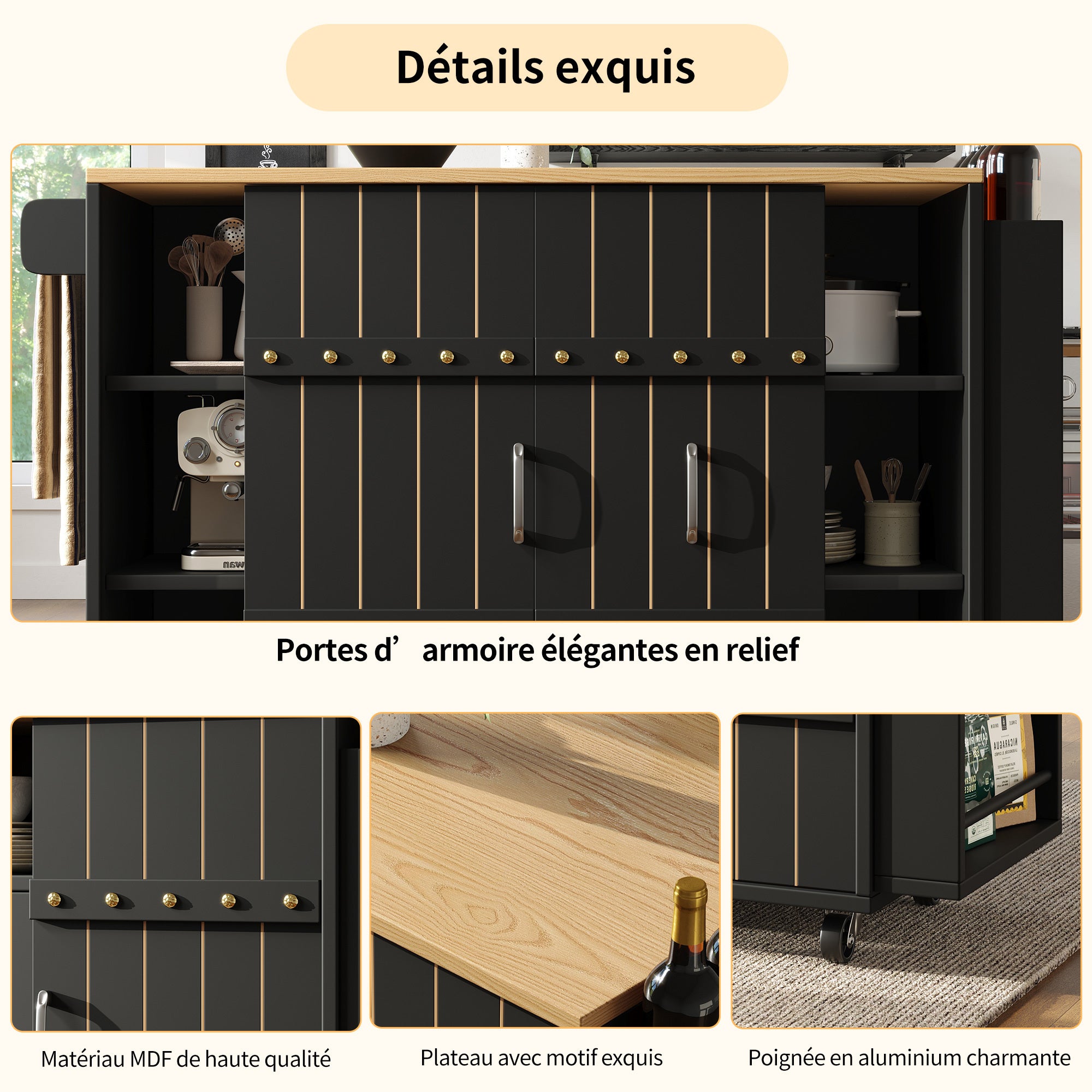 Buffet cuisine avec plan de travail, Chariot à roulettes avec tiroirs, Desserte cuisine avec étagère à épices et porte serviettes,Noir 110x42x90cm - 5