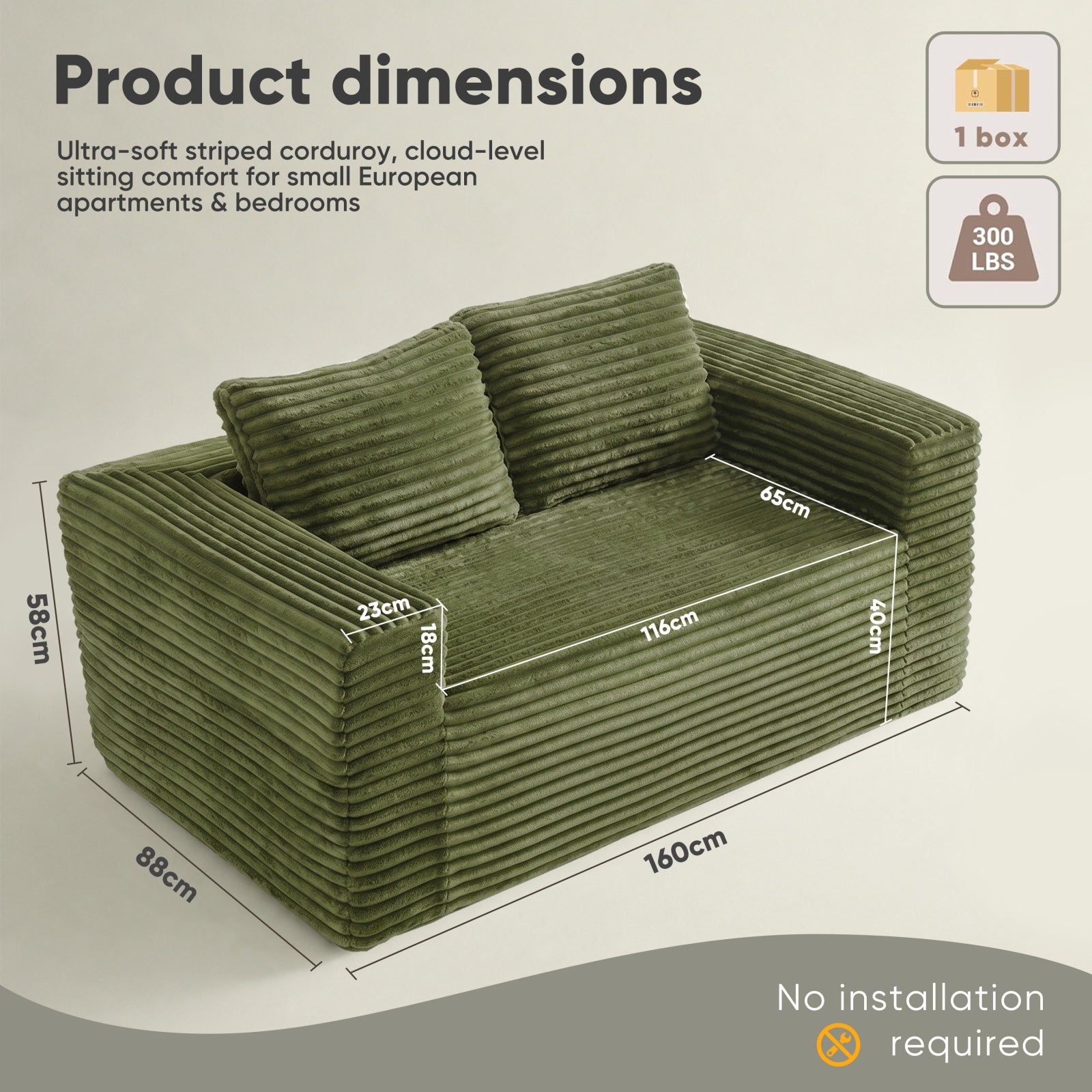 Canapé de sol 2 places 160 x 88 x 58 cm – Sofa d'assise profonde sans montage en mousse haute densité – Velours Côtelé – Vert - 9