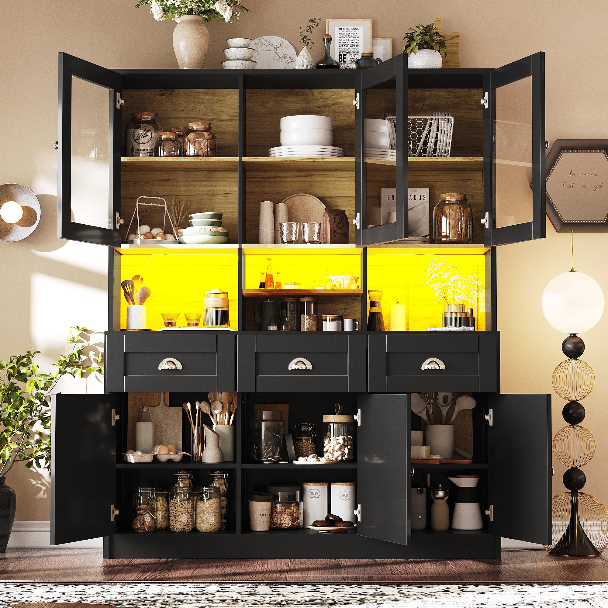 Kredens kuchenny z 6 drzwiami i 3 szufladami, witryna - 140 x 40 x 175 cm - diody LED - płyta MDF - czarny