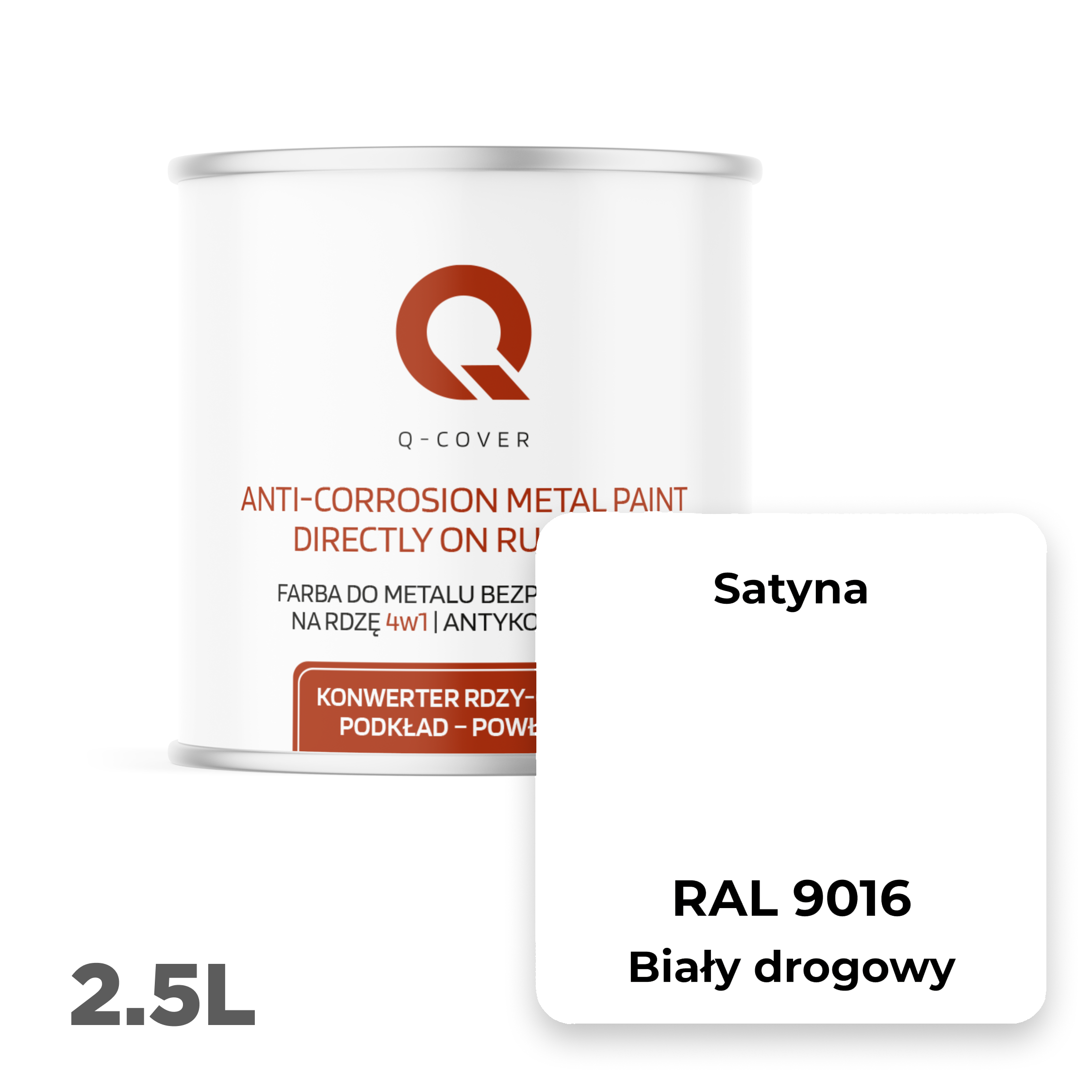 Farba do Metalu Prosto na Rdzę 4w1 Q-Cover Biały drogowy RAL9016 Satyna 2.5L - 2