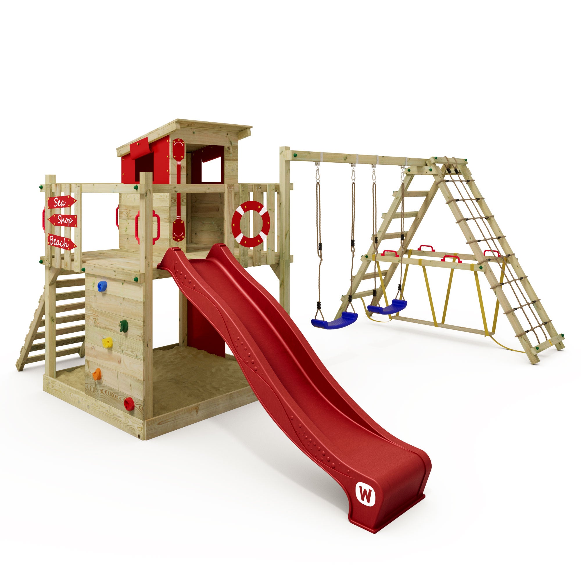 Le Cadeau Parfait WICKEY Aire De Jeux Portique Bois Smart Trip Avec Balançoire Et Toboggan Rouge Maison Enfant Sur Pilotis Avec Bac à Sable, échelle D'escalade & Accessoires De Jeux pour