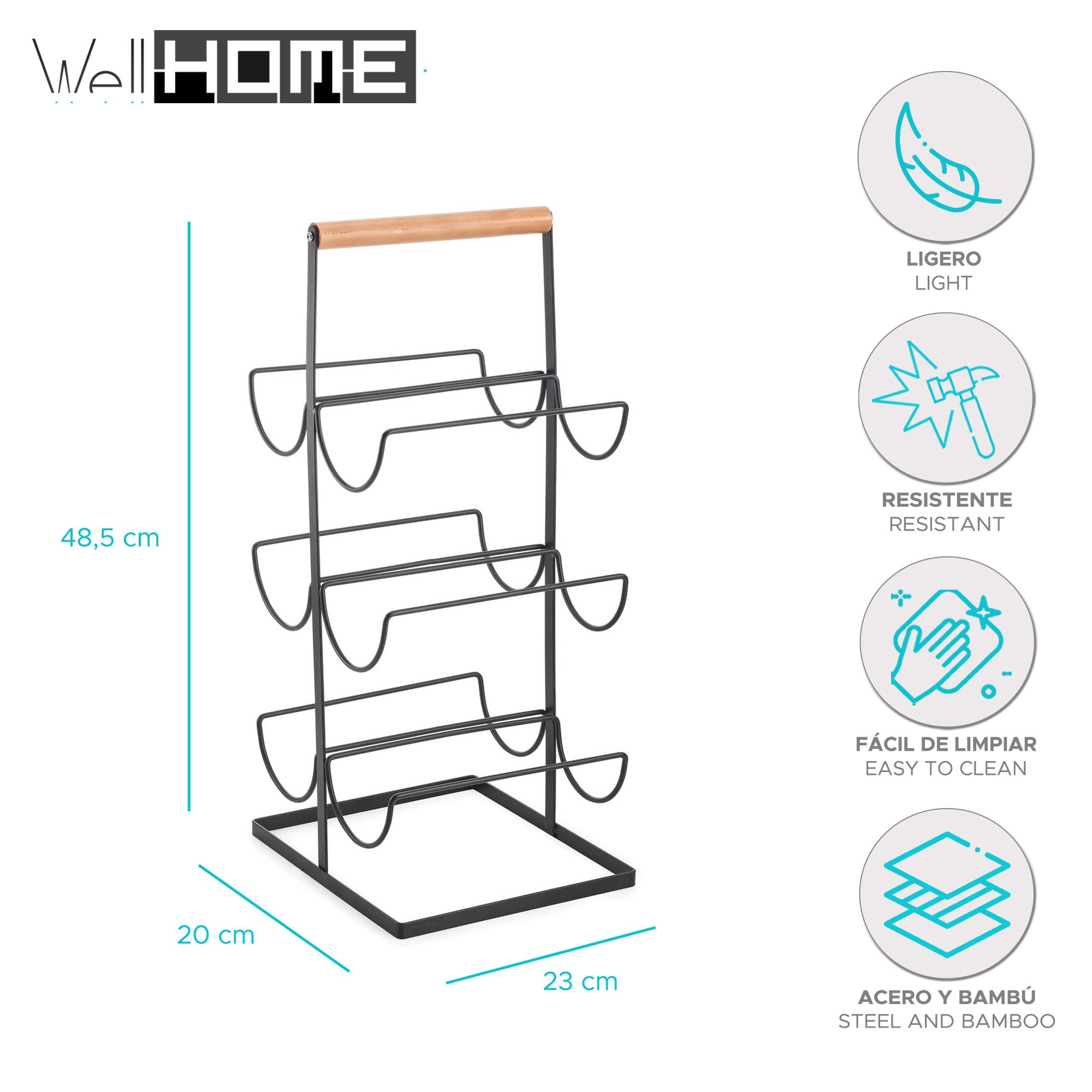 Well Home Botellero para 6 Bottellas de 23x20x48,5cm - En metal y bambú de color negro Mate - 2