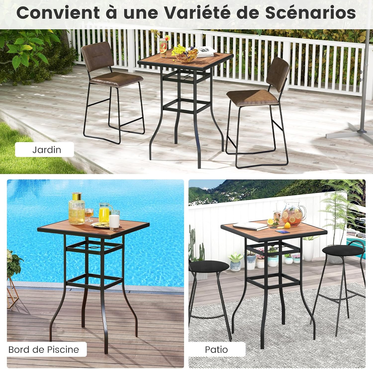 Tavolino da Giardino da 70 cm, Tavolino Quadrato con Piano in Finta Legno, con Foro per Ombrellone da 39 mm, Telaio Metallico, Tavolo Alto da - 8