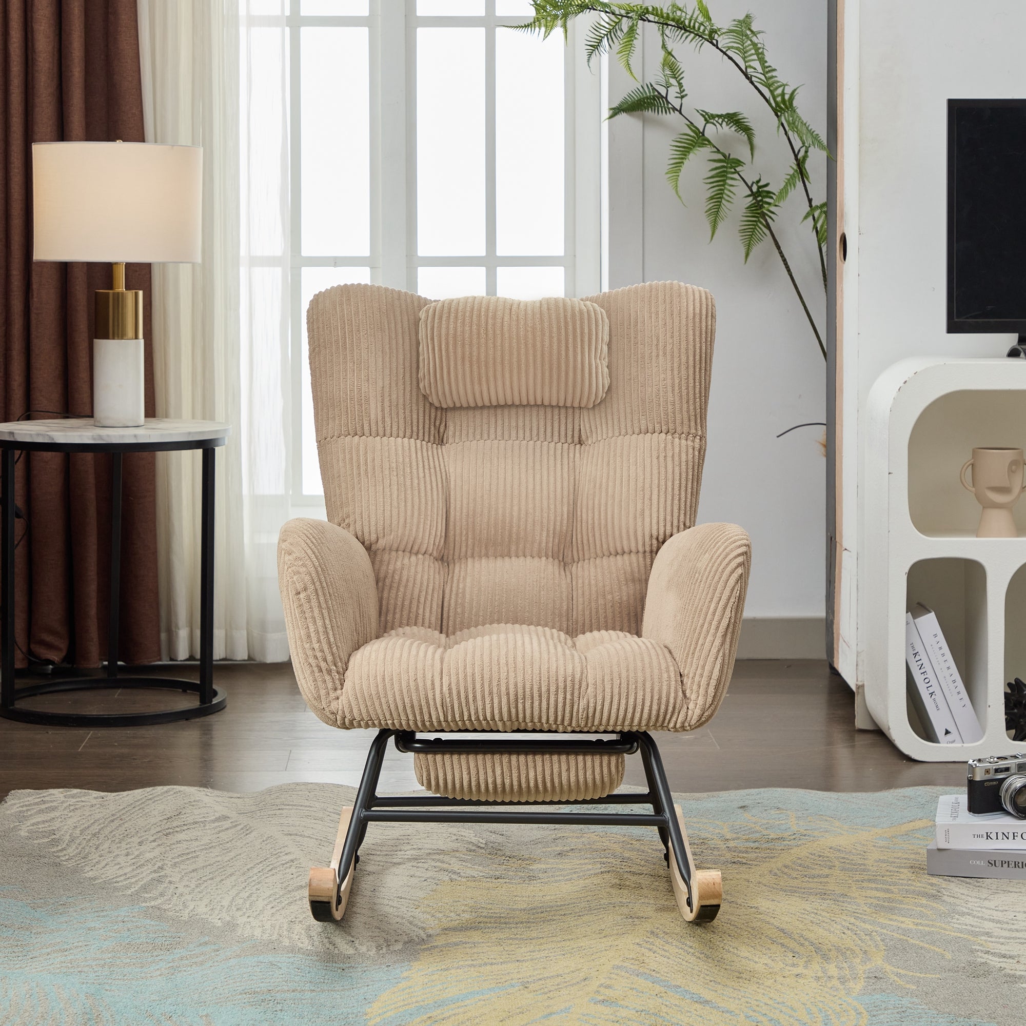 Fotel bujany 102 x 65 x 92 cm - siedzisko wyściełane - oparcie wysokie - z poduszką pod szyję - brązowy - 2