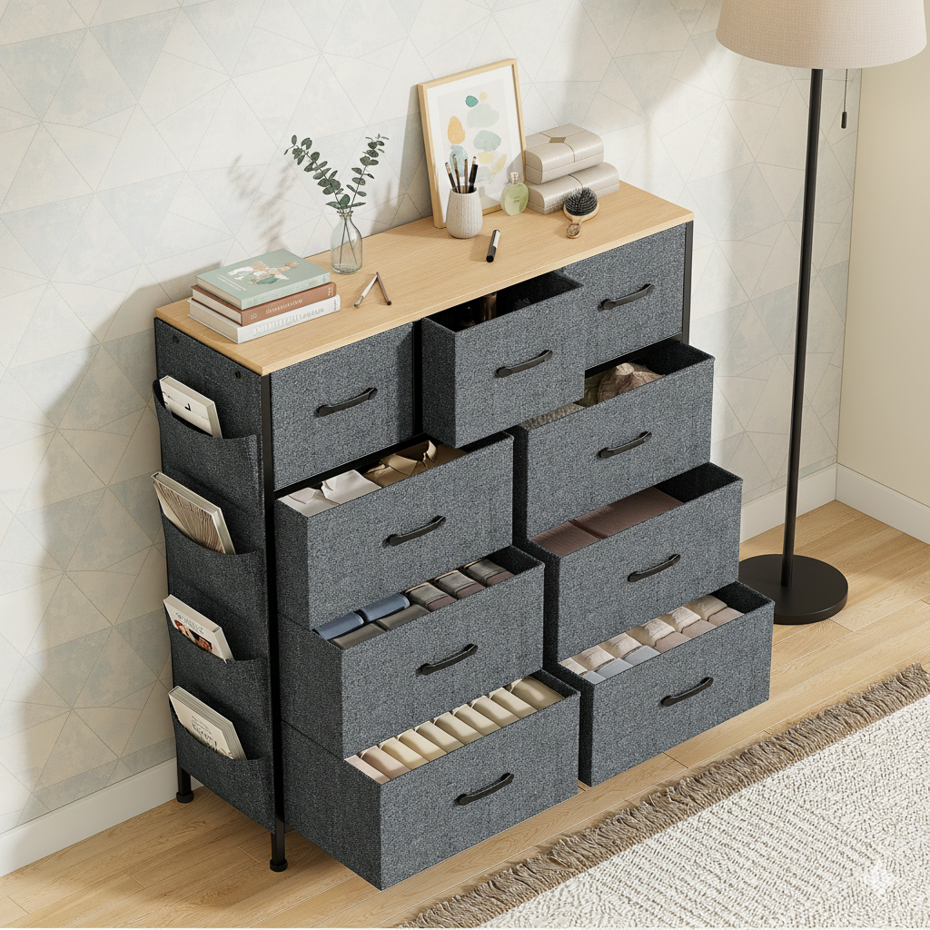 Commode 9 Tiroirs En Tissu Floral - 100x30x100 Cm, Rangement Chambre, Cadre Métal, Capacité 6 Kg Par Tiroir