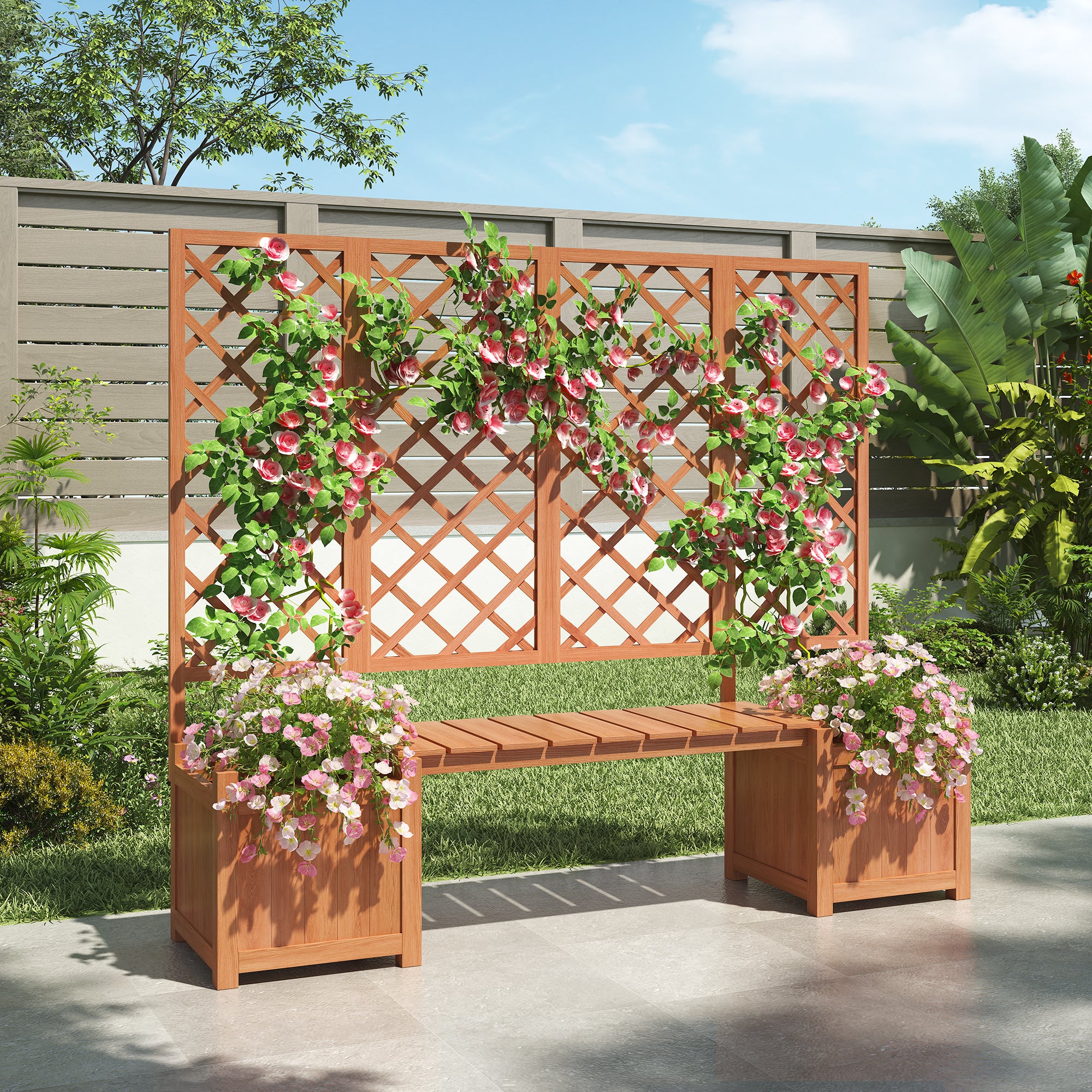 Lot de 2 Jardinière sur pièds avec Treillis en bois massif + 1 banc- 169 x 42 x 145 cm - Marron - 4
