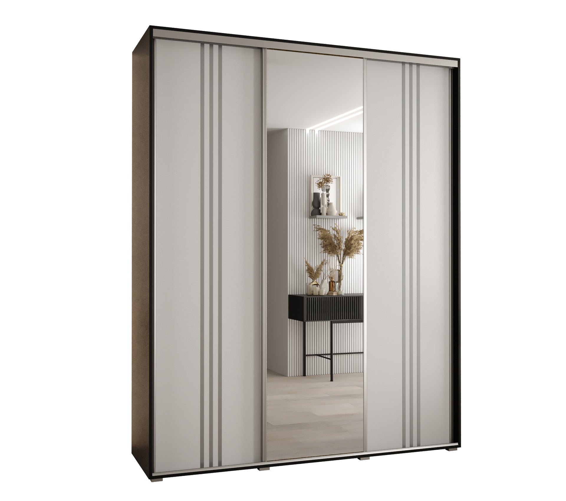 Szafa przesuwna z lustrem wysoka Davos 7 200 x 60 x 235,2 cm czarny + biały + u. srebrny - Abiks Meble