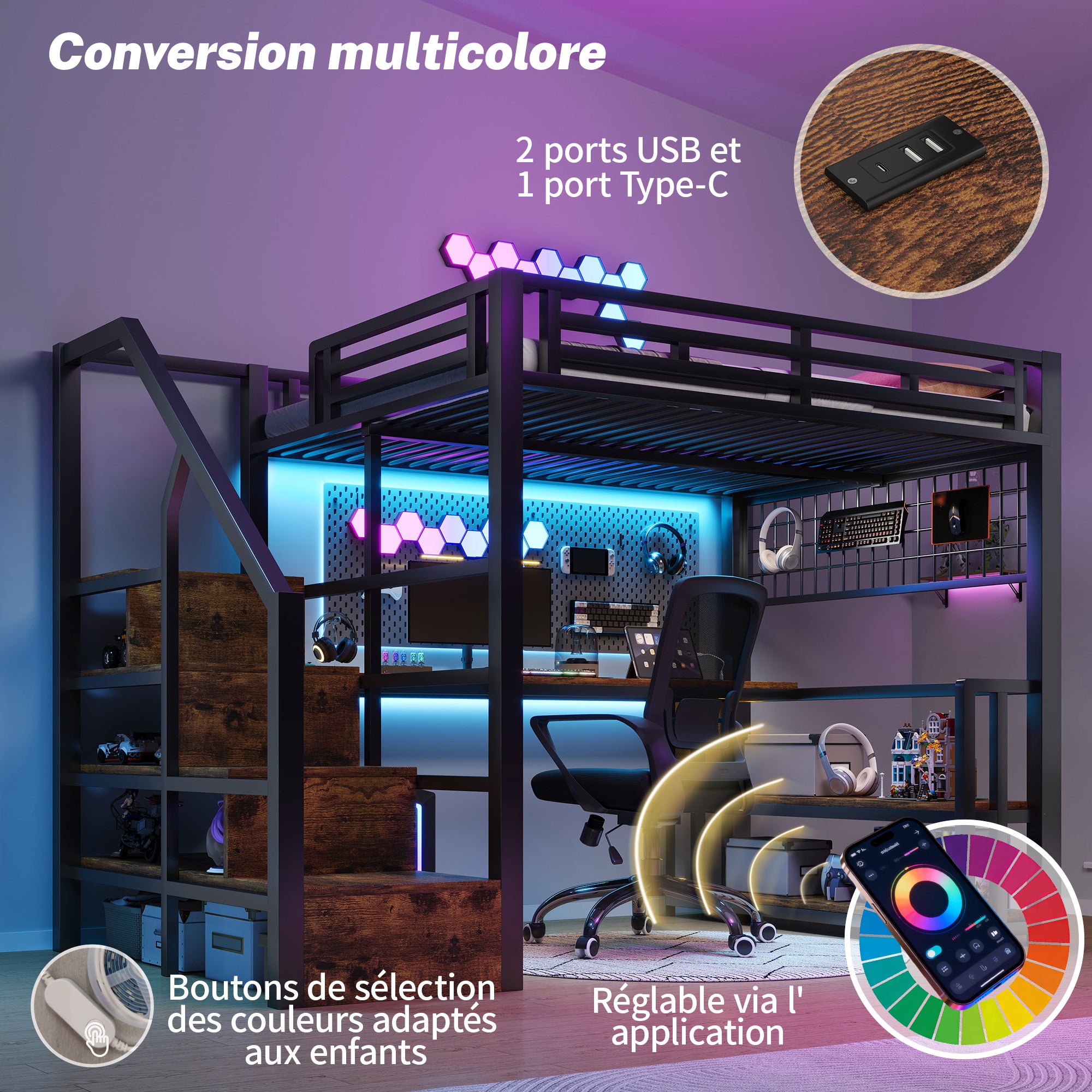 Lit mezzanine 140x200 cm avec bureau, étagères, rangements suspendus, éclairage LED, escalier tiroirs, 2 USB + Type-C, métal, noir - 6