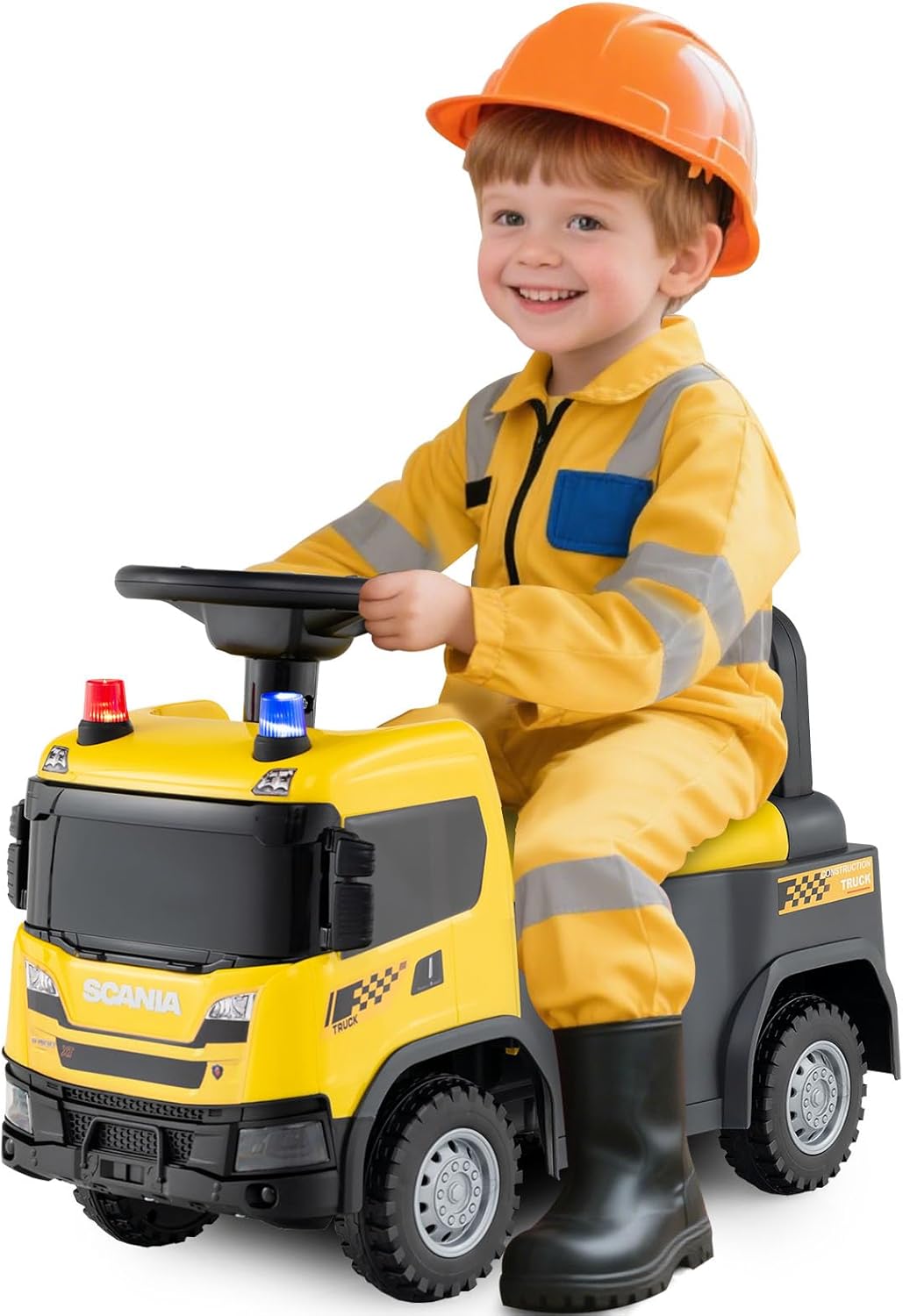 Zabawkowa Ciężarówka Budowlana na Licencji Scania, Samochód na podnóżki dla Dzieci z Oświetleniem, Samochód na Kółkach, od 18 Miesięcy (Żółty)