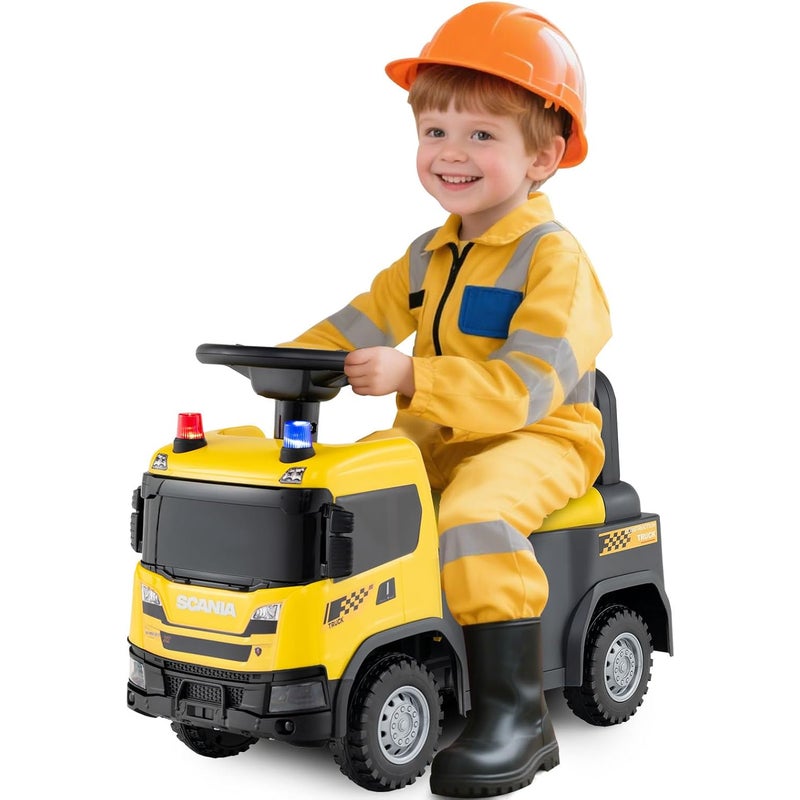 Zabawkowa Ciężarówka Budowlana na Licencji Scania, Samochód na podnóżki dla Dzieci z Oświetleniem, Samochód na Kółkach, od 18 Miesięcy (Żółty)