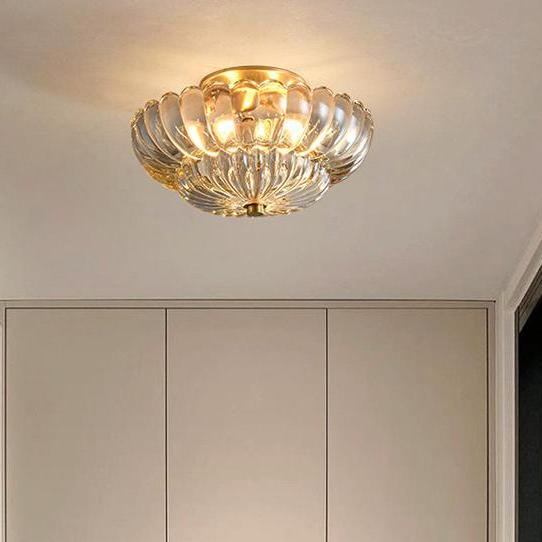 Złota lampa sufitowa z bursztynowym szklanym kloszem, półwpuszczana lampa sufitowa, odpowiednia do sypialni i salonów, trójkolorowe światło.