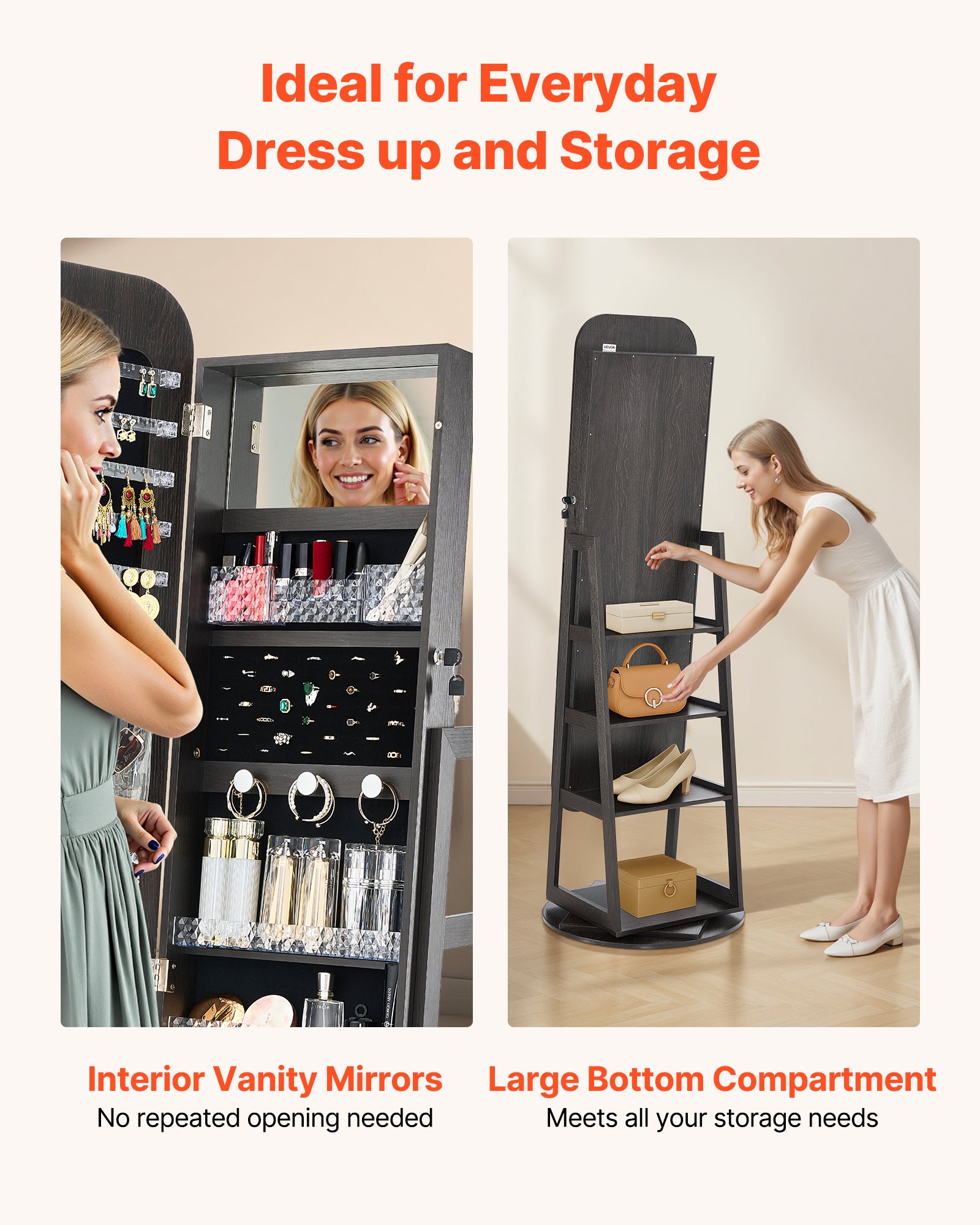 Armoire à Bijoux Pivotante VEVOR 360°, sur Pied 1600 mm avec Miroir Pleine Longueur, Rangement & Porte Verrouillable à 2 Clés, Pochettes Accessoires - 6